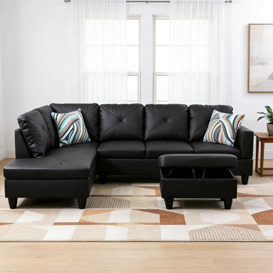 Trygoal L-Shape Sofa with Storage Ottoman, Leather Sectional Couch with Left Chaise, Modern 3-Piece Sofa Set for Living Room, Upholstered Couch Set with Solid Wood Frame for Apartment, Loft, Black