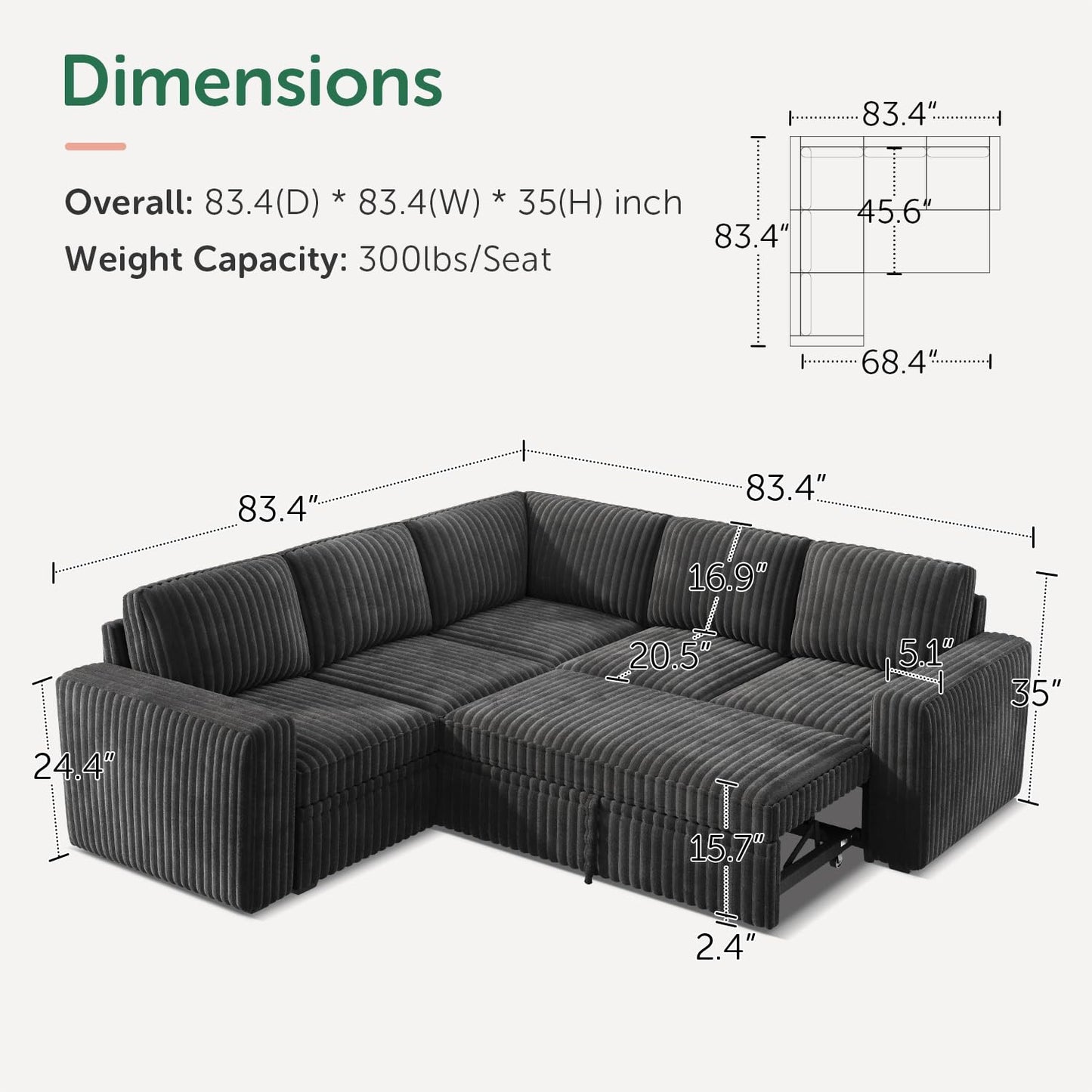 HONBAY Modular Sectional Sleeper Sofa with Pull Out Bed,Corduroy L Shaped Couch with Storage, Sectional Couches for Living Room,Dark Grey
