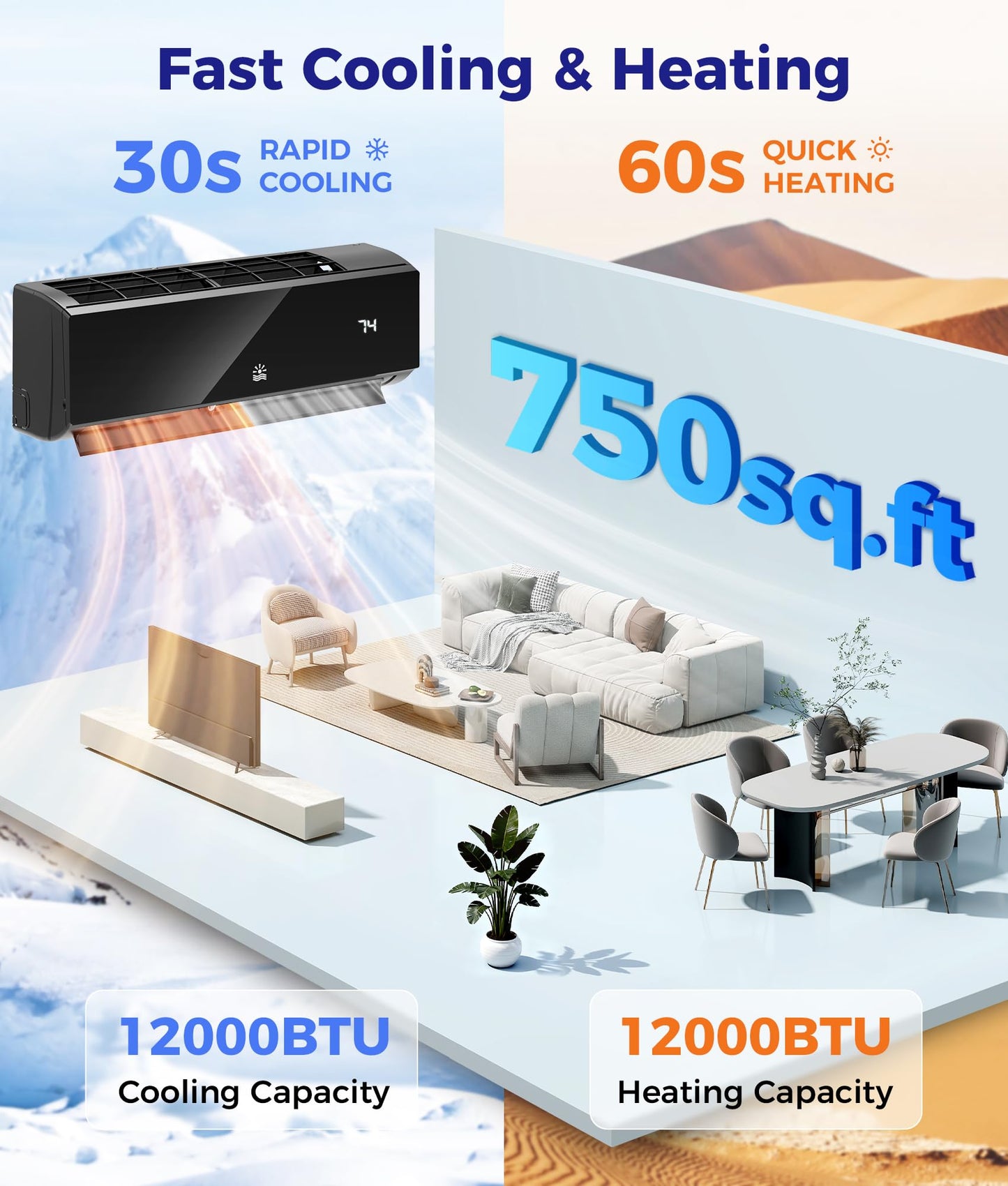 Oylus Mini Split Ac/Heating System - 12000 BTU Mini Split Air Conditioner with Heat Pump Wifi Enabled Inverter, 20 SEER2 115V Energy Efficient Precharged DIY Split Ac Unit Up to 750 Sq.Ft