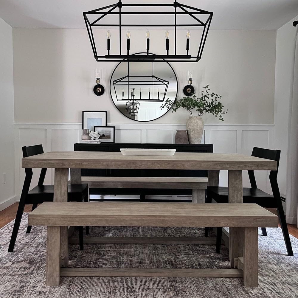 Plank+Beam 72 Inch Farmhouse Dining Table, Solid Wood Rustic Kitchen Table, Large Wooden Rectangular Dinner Table for Dining Room, Home Office, Living Room Furniture, Easy Assembly, Seashell Wirebrush