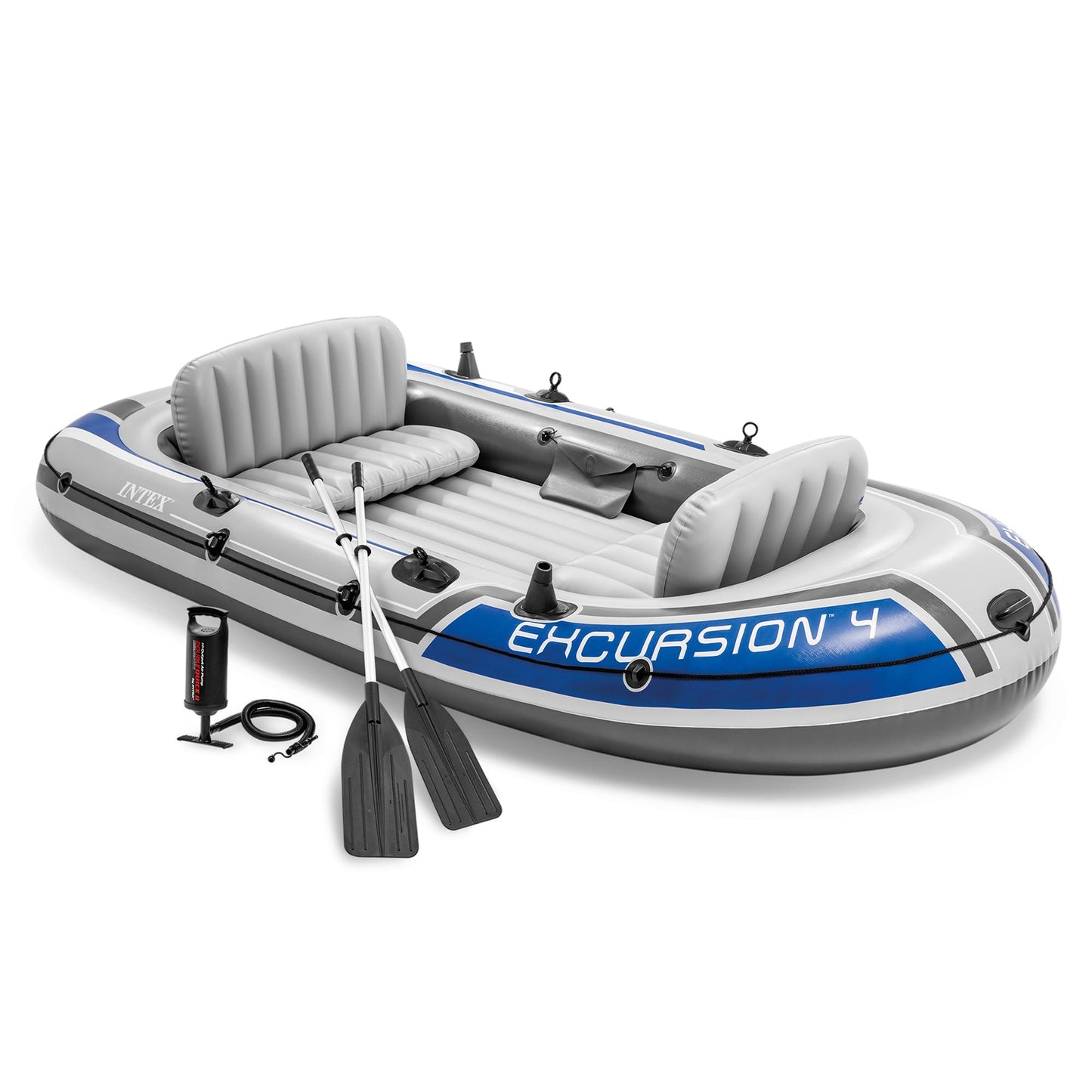 Intex 68324EP Excursion 4 Inflatable Boat Set: Includes Deluxe 54in Boat Oars and High-Output Pump – Adjustable Seats with Backrest – Fishing Rod Holders – 4-Person – 1100lb Weight Capacity
