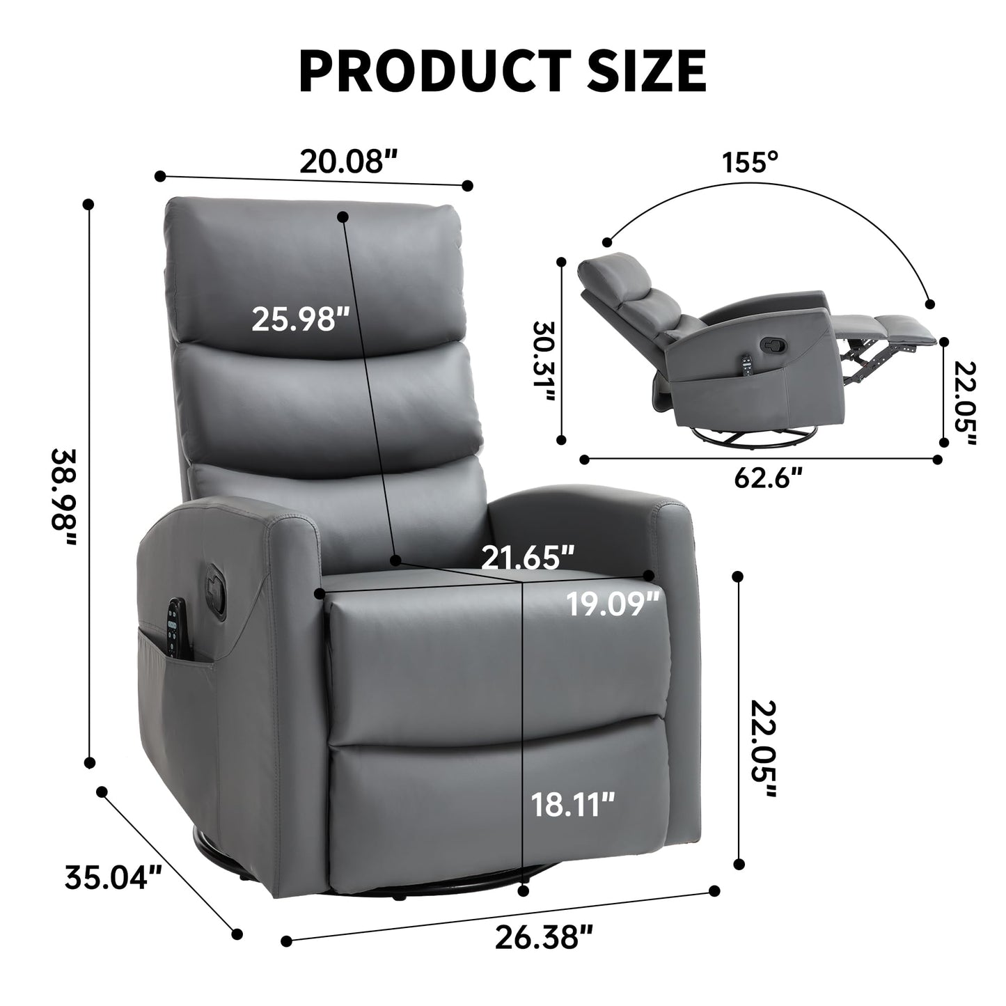 KEIKI Heat Massage Manual Recliner Chair, 360 Swivel Rocker with Lumbar Heat, Faux Leather Neutral Tone Heavy Duty, Ergonomic Adult Lounge Chair with Cushion Back for Primary Living Space, Grey