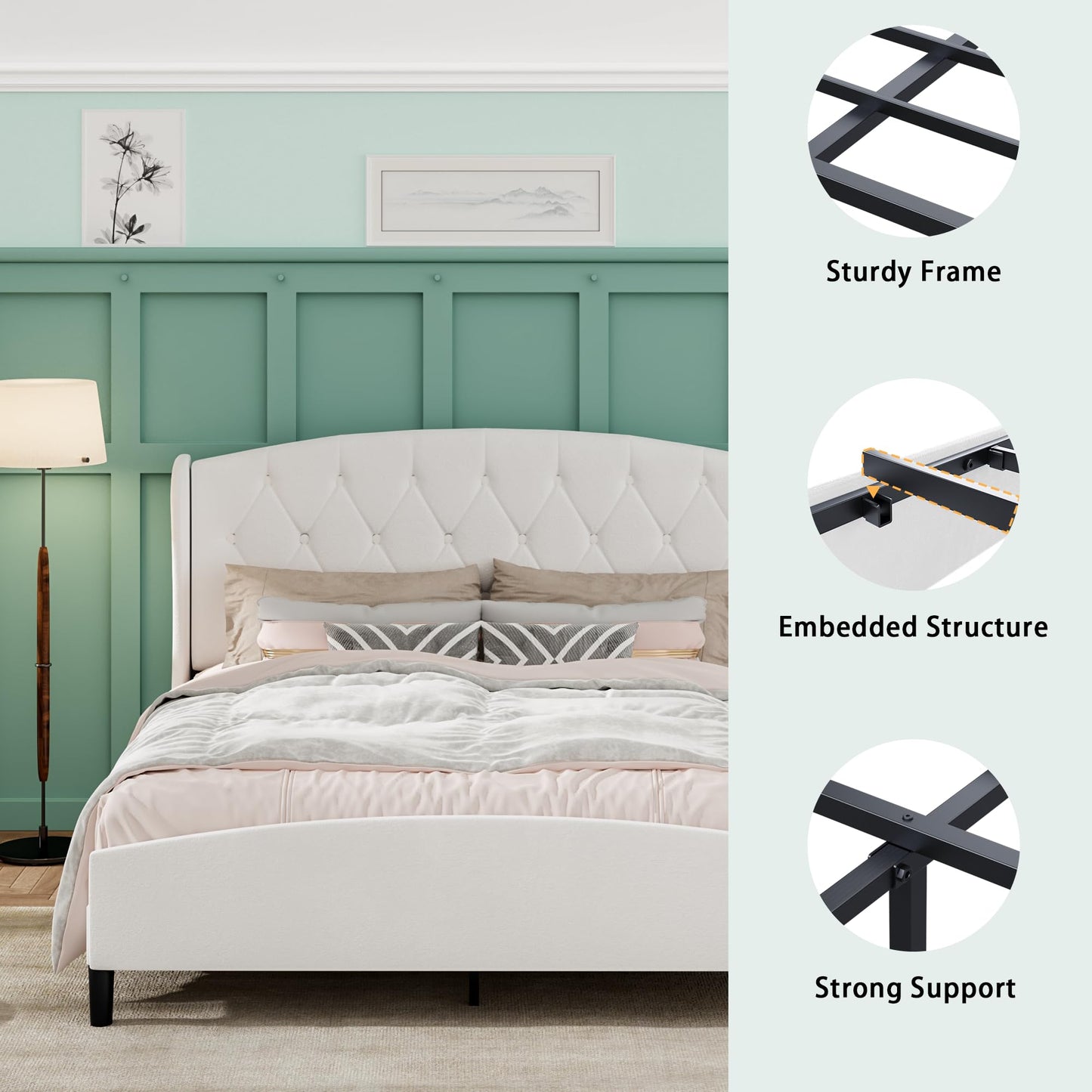 SAMTRA Full Bed Frame with Extra Tall 51" Wingback Headboard, Soft Velvet Upholstered Platform Bed Frame, Modern Cloud Bed, Noise-Free, Metal Slats Support, No Box Spring Needed