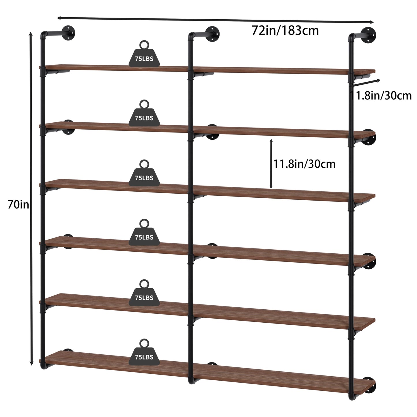 ONOTETUT 6 Tier Industrial Pipe Shelves with Wood Planks, 72 inch Iron Pipe Shelving, Retro Wall Mounted Bookshelf, Floating Bar Shelves for Kitchen,Living Room
