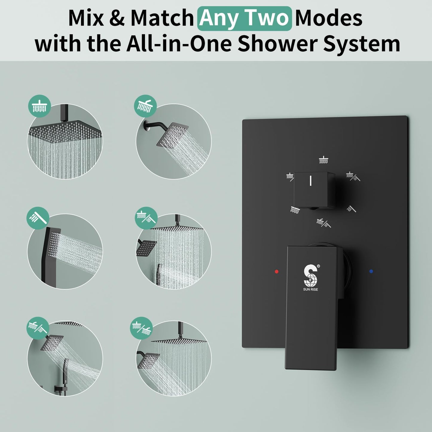 Shower Faucet Set Shower System - SR SUN RISE Matte Black Shower Trim Kit with Dual Shower Head, 12'' Ceiling Rainfall 6'' Wall Mount with Handheld Shower for Couples, Complete 6 Diverter Valve