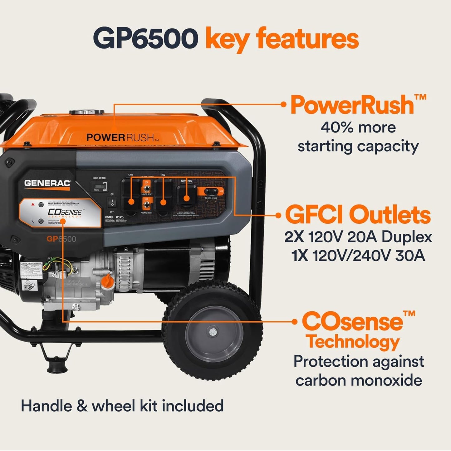 Generac 8,125 Starting Watt Portable Gas Generator with Extension Cord, PowerRush Technology, COsense Carbon Monoxide Detection, 10.5 Hour Runtime, Home Backup Emergency Power, 49-State Compliant