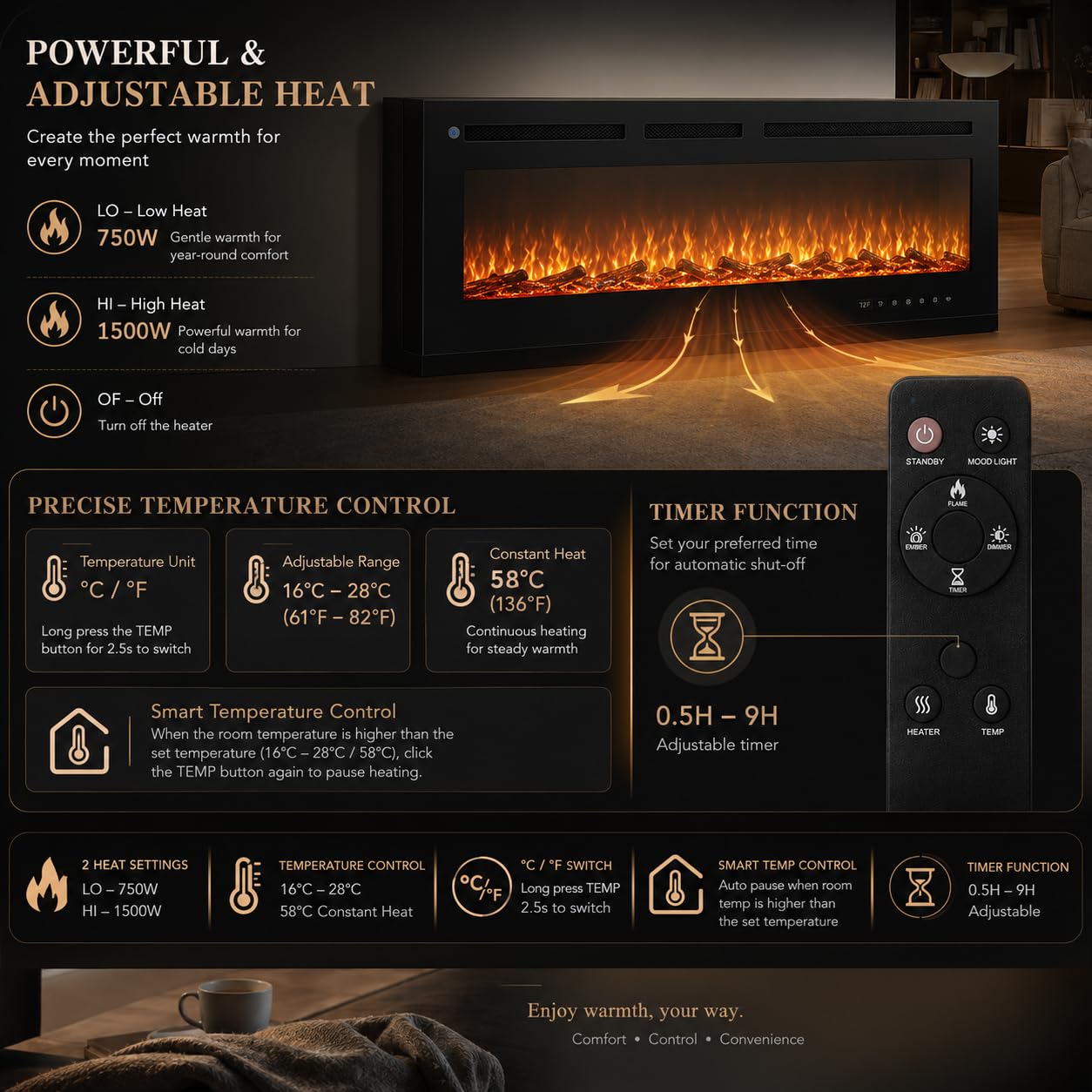 OneBlis 90" Fireplace TV Stand for TVs Up to 100",Entertainment Center with 50” Electric Fireplace and 12 Colors LED Lights,Large TV Console with Storage Cabinet for Living Room,All Black