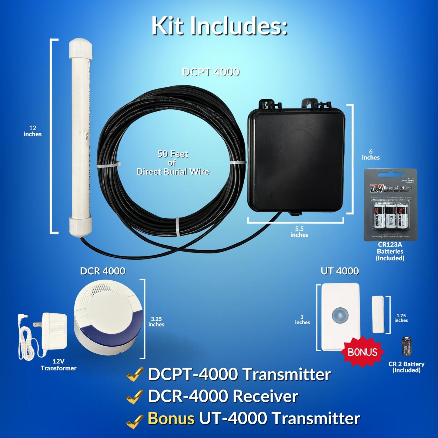 Dakota Alert Wireless Driveway Alarm System Complete Kit – DCPA-4000 Vehicle Detection Probe Sensor with DCR-4000 Receiver Bonus Kit– 1 Mile Long Range – Bonus UT-4000 Universal Transmitter