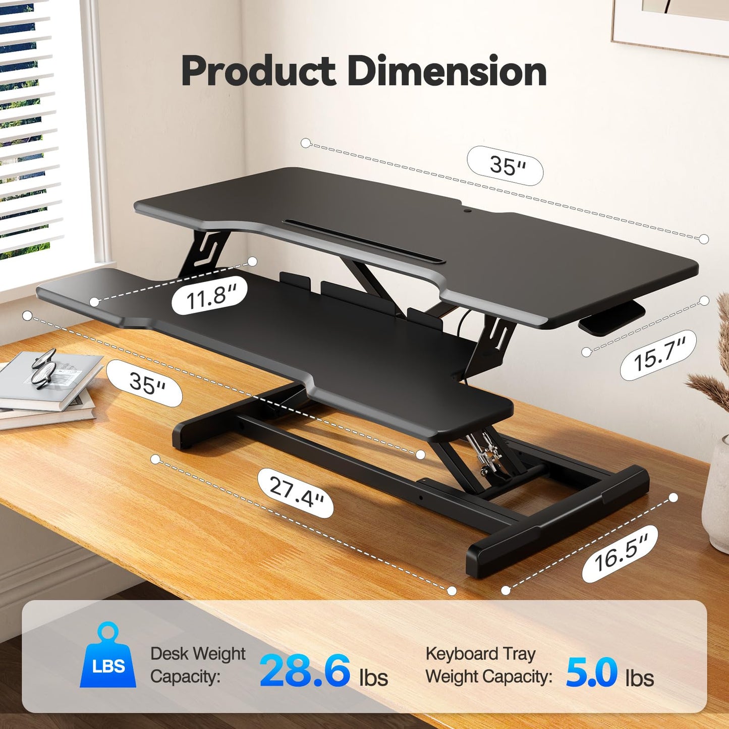 JYLH JOYSEEKER 35" Standing Desk Converter, Height Adjustable Desktop Riser with Keyboard Tray for Two Monitors, Sit to Stand up Computer Workstation for Home Office, Black