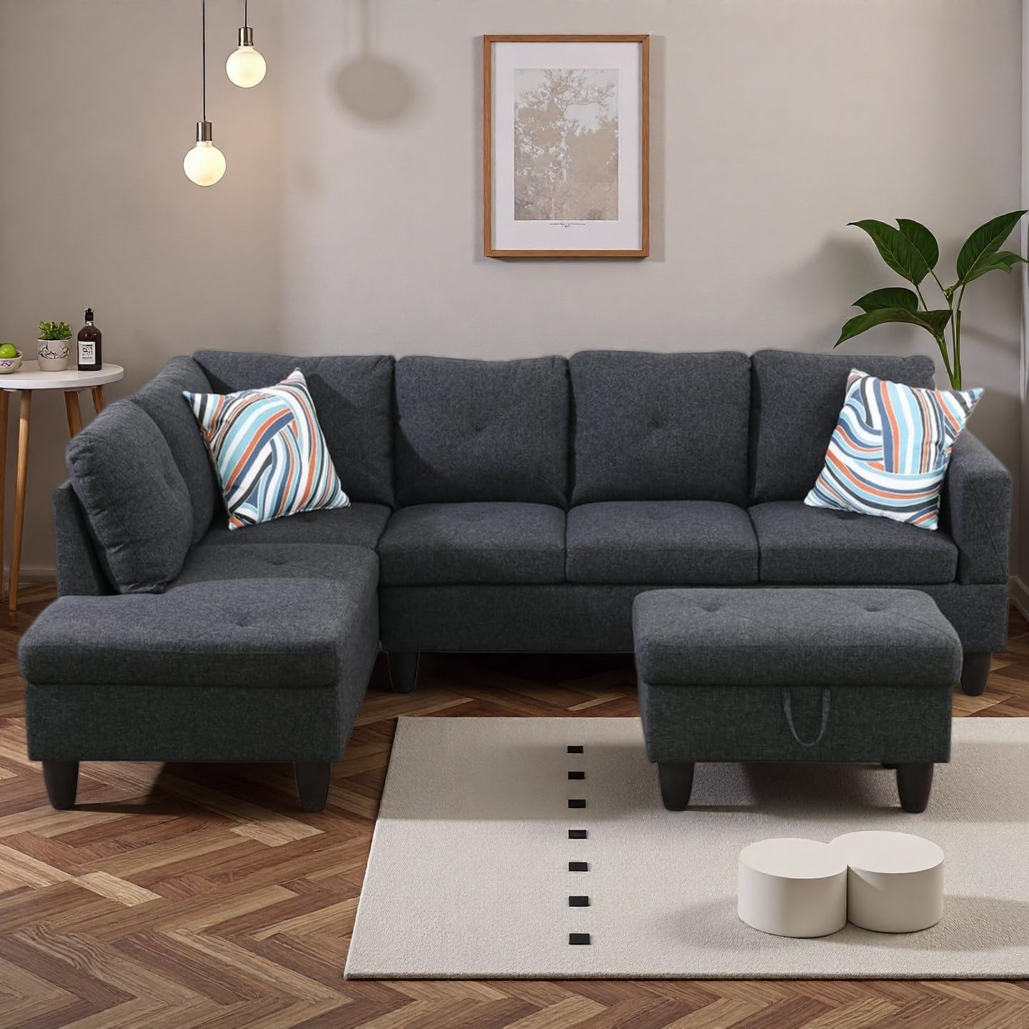 Trygoal 97" Linen 4-Seat L-Shaped Sectional Sofa with Movable Chaise & Storage Ottoman - 3-Piece Modular Convertible Couch for Living Room, Bedroom, Apartment & Office, Black Gray