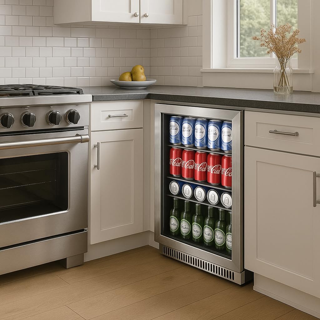 Advanics 20 Inch Beverage Refrigerator Cooler,Under Counter Drink Fridge with Glass Door, Built-in or Freestanding, Quiet Compressor Cooling, 120 Can Capacity for Beer and Soda