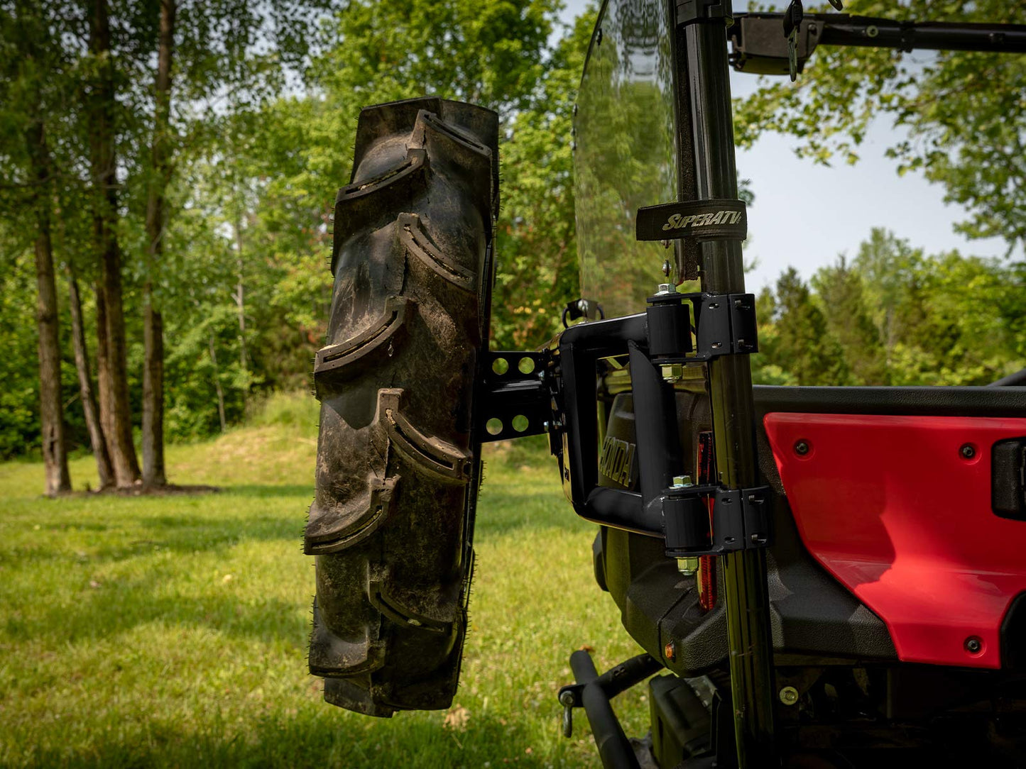 SuperATV UTV Spare Tire Carrier Compatible with 2016+ Honda Pioneer 1000-5/1000-5 Deluxe, 2017+ 1000-5 Limited Edition, No Drilling or Welding, Tires (up to 70 pounds), See Fitment, USA Made