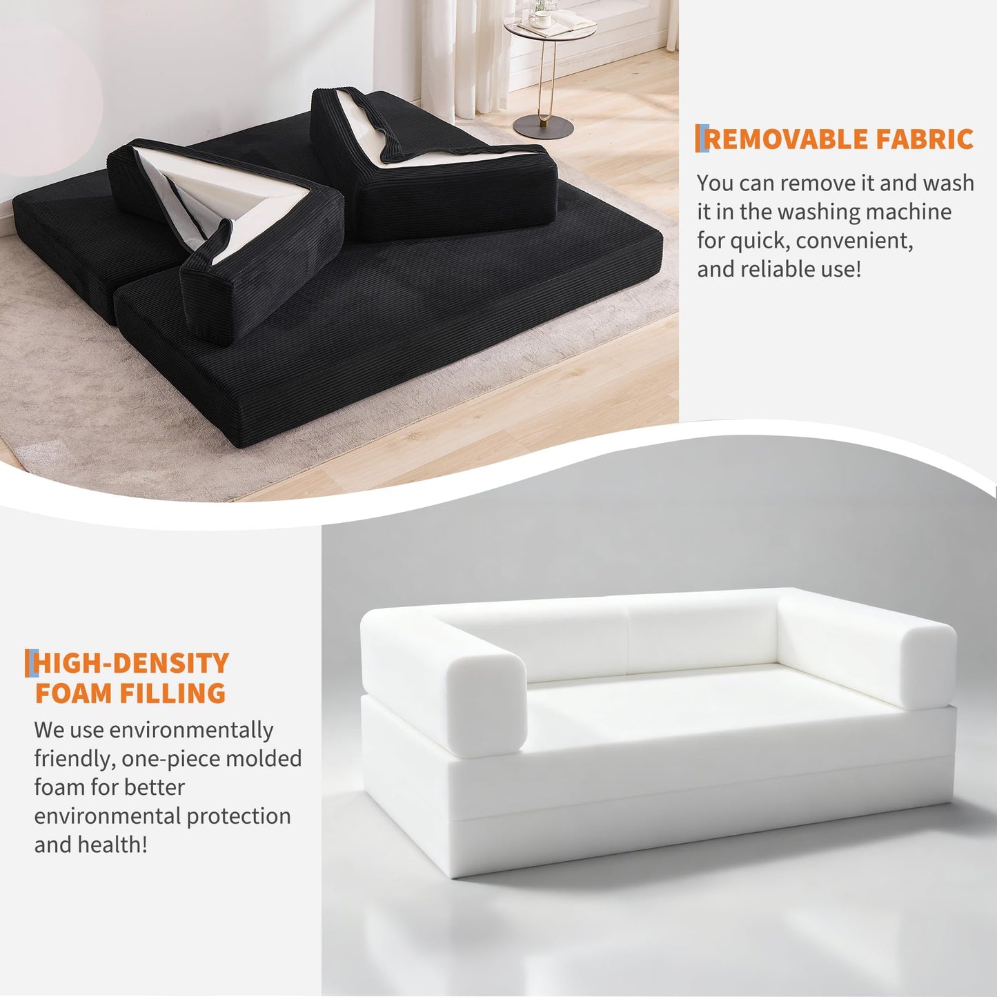 GarveeLife 78.8" Modular Corduroy Sofa Bed,5 in 1 Convertible Futon Floor Couch with Pull-Out Sleeper,Multi-Functional Futon for Living Room Guest Room & Small Spaces