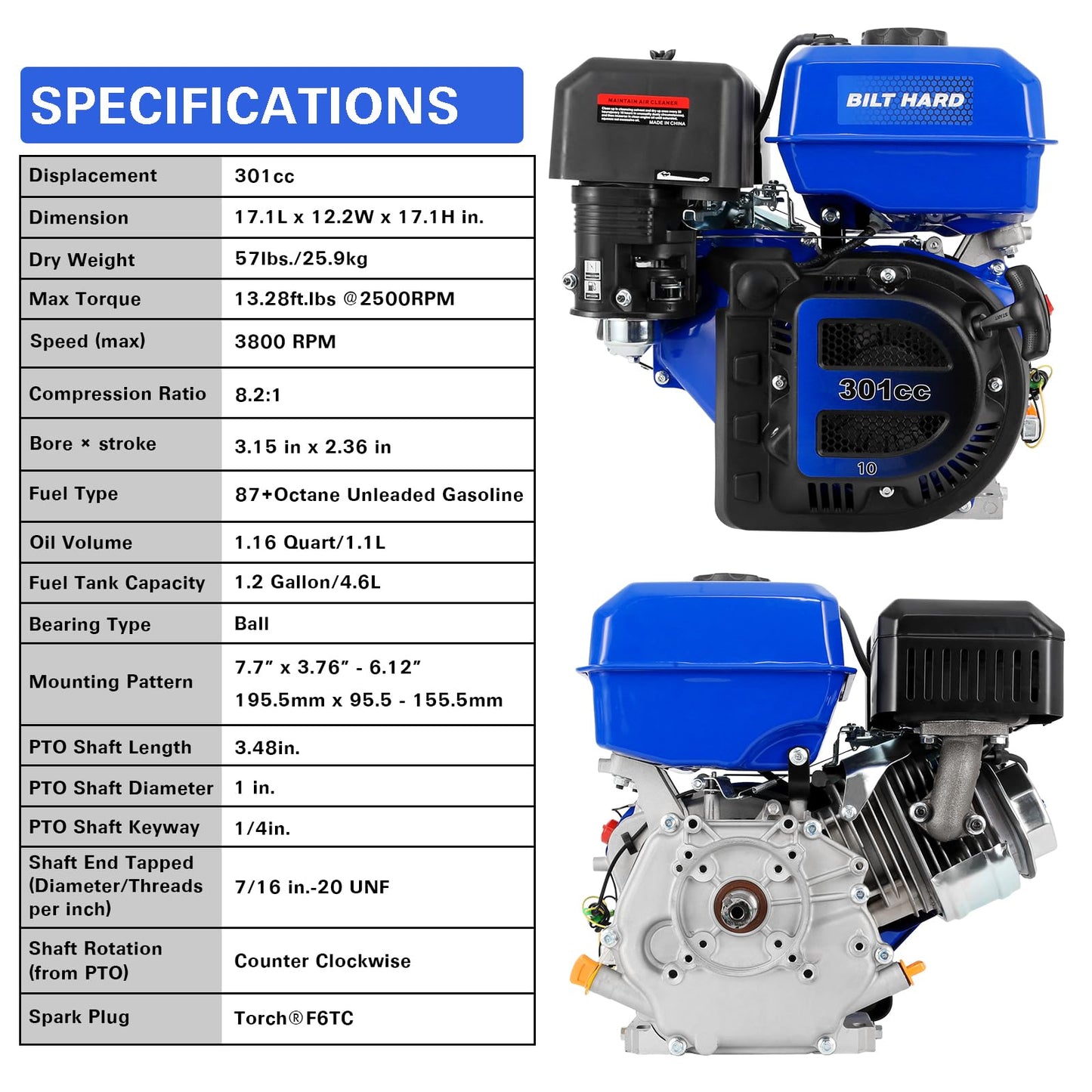 BILT HARD 301cc 10HP Gas Powered Engine, Horizontal 4 Stroke OHV Gas Motor, Shaft 1" Diameter, 3.48" Length, 1/4" Keyway, Replacement for Compressor, Log Splitter