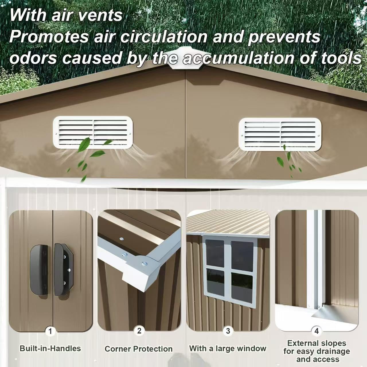 Gotland 10FT x 8FT Sheds & Outdoor Storage, Storage Shed with 1 Large Window Sloped Step, Metal Shed with 2 Lockable Slide Doors Air Vents, Outdoor Shed for Backyard Patio Lawn Brown