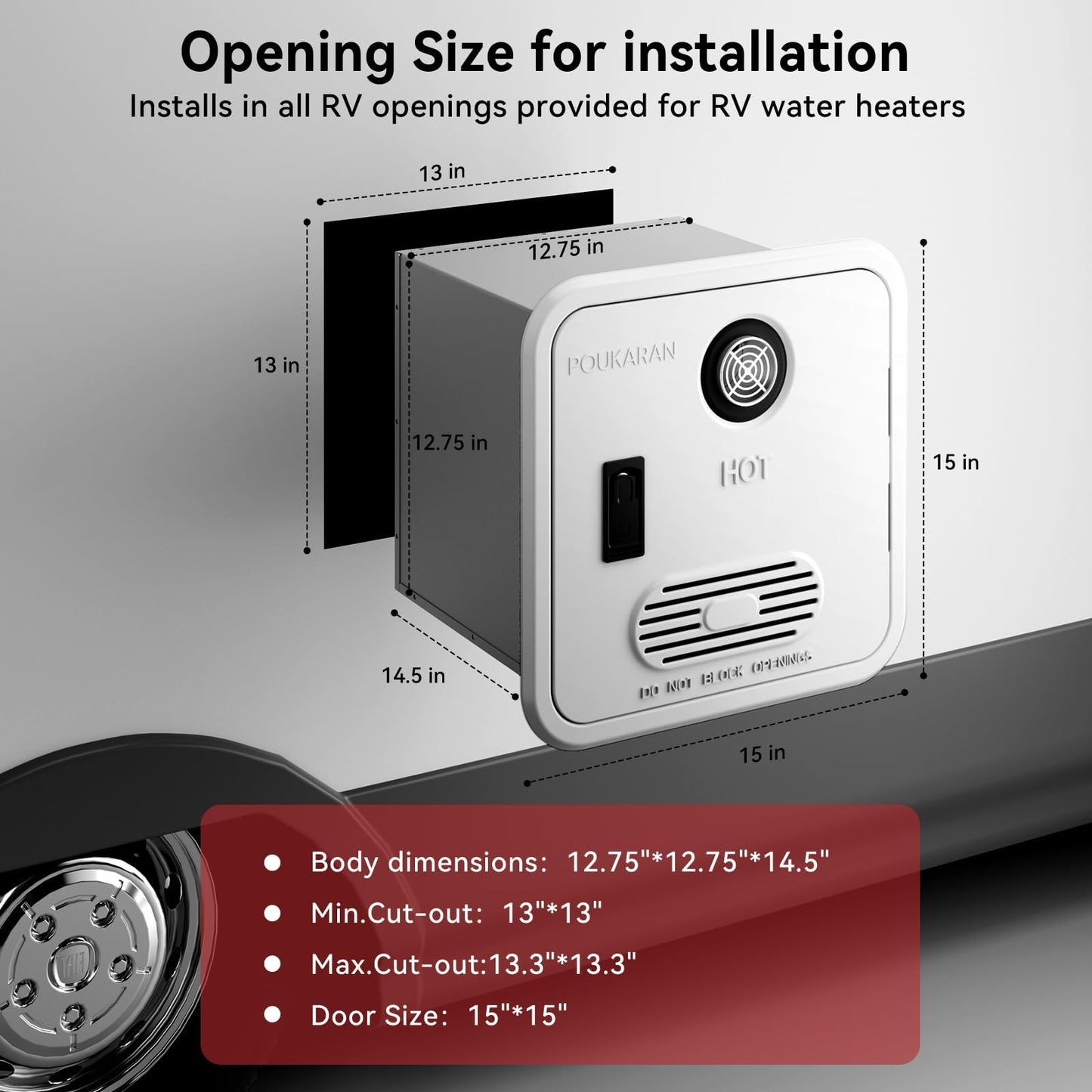 Poukaran 65,000 BTU RV Tankless Water Heater, High Altitude Available, DC 12V, On Demand Instant Hot Water Heater, with 15x15 inches White Door and Front Water Outlet, Compatible with all RVs
