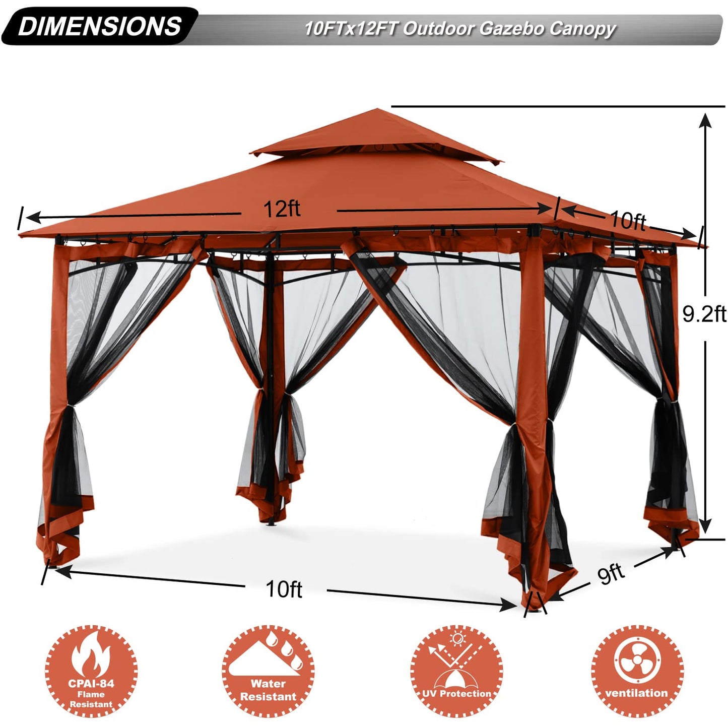 ABCCANOPY Gazebos for Patios 10x12 - Outdoor Steel Frame Gazebo with Mosquito Netting for Lawn Backyard Garden Deck (Rust Red)