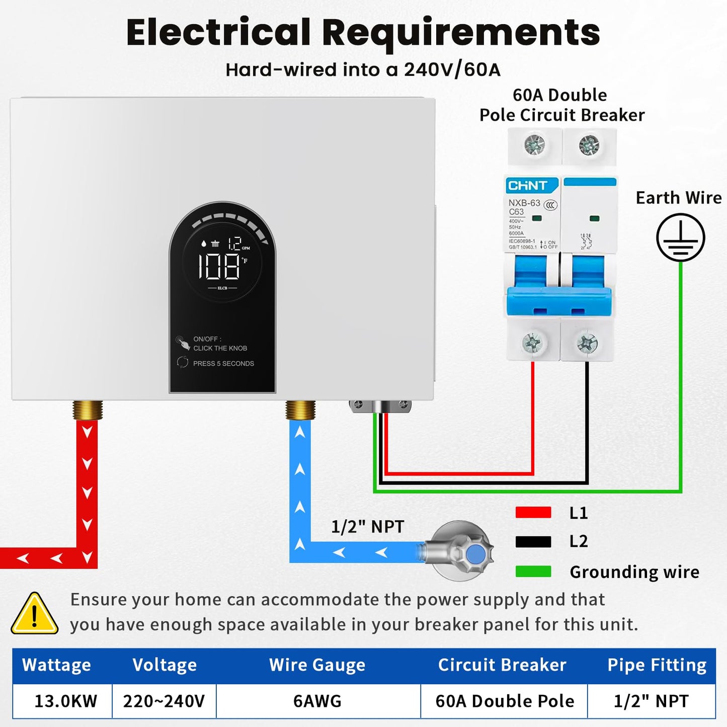 Tankless Water Heater Electric, 13kW 240Volt On Demand Instant Hot Water Heater with LED Digital Display Self-modulating, Overheating Protection, CSA Certified, Up to 3.38 GPM for 2-3 Point of Use