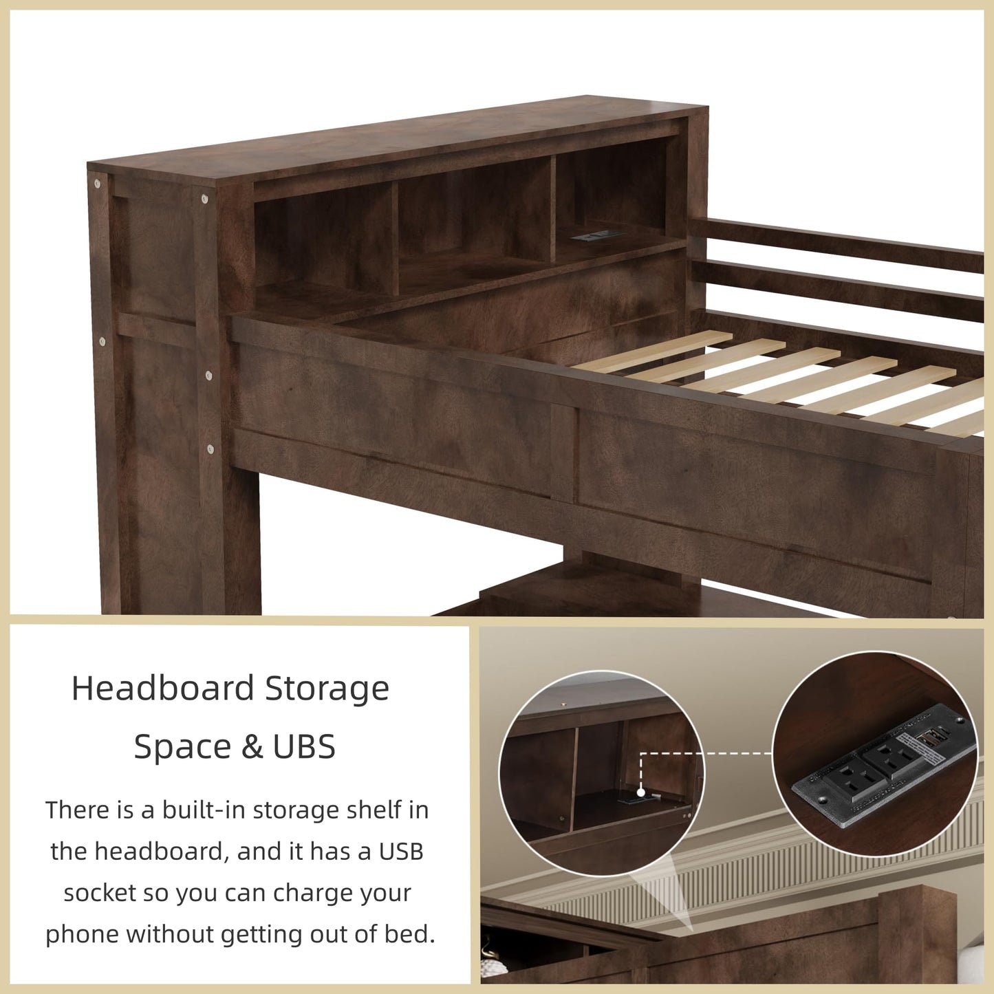 Merax Queen Loft Bed Frame with Desk and Wardrobe, Headboard with Storage & Charging Station, Wood Loft Bunk Bed with Solid Slats & Guardrail, No Box Spring Needed, Space-Saving, Noise Free, Brown