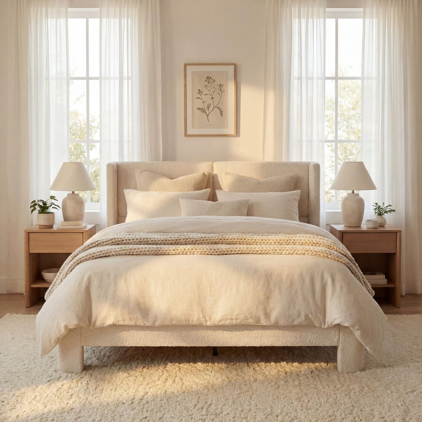 LIKIMIO Queen Bed Frame with Headboard, Upholstered Boucle Platform Bed with USB Ports, Base Camas Queen No Box Spring Needed, Cream White