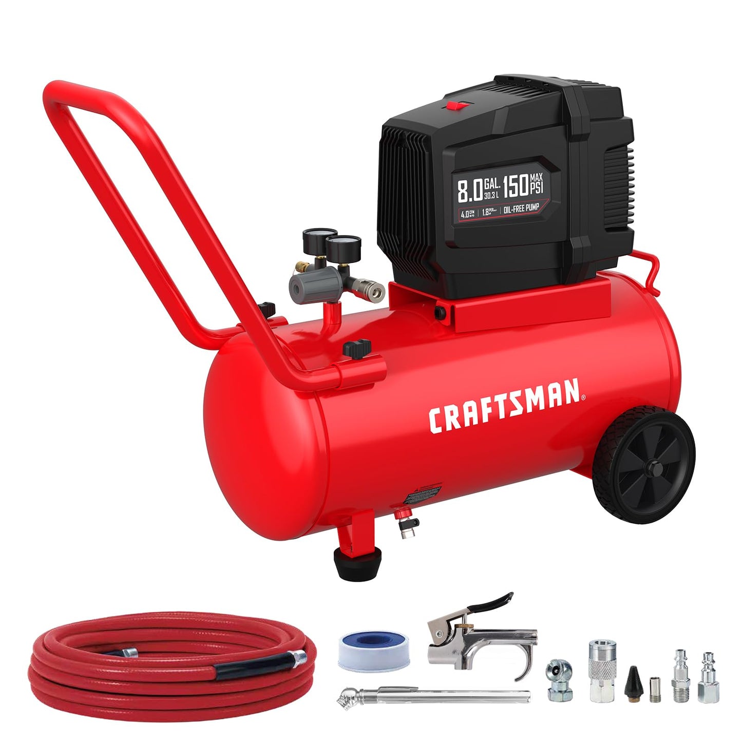 CRAFTSMAN Air Compressor 8 Gallon Oil-Free 1.8 HP Max 150 PSI Horizontal Tank with 10 PCS Accessories
