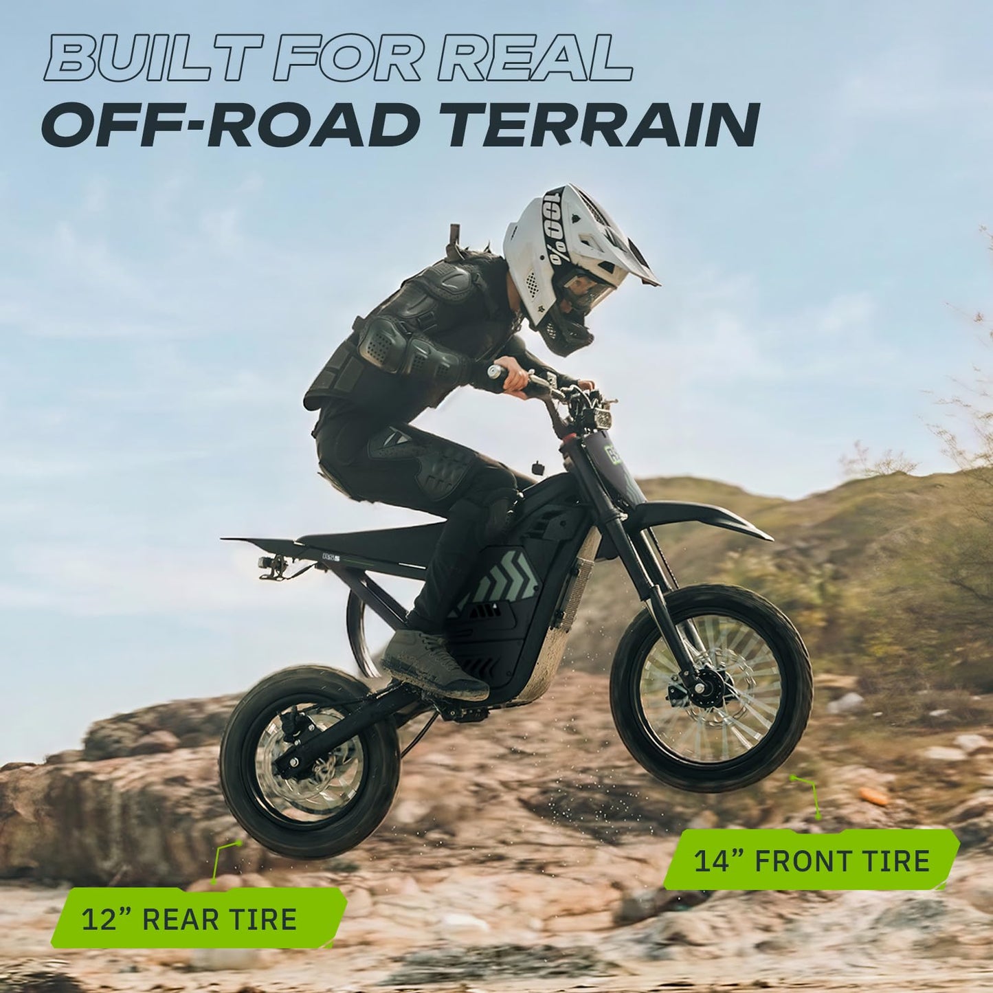 Windone RS5 Electric Dirt Bike for Teens & Adults (13+), Up to 37 MPH, 45 Miles Range, 2200W Peak Motor, 14"/12" Off-Road Tires, Hydraulic Suspension, 3-Speed Modes Electric Motorcycle (Light Green)
