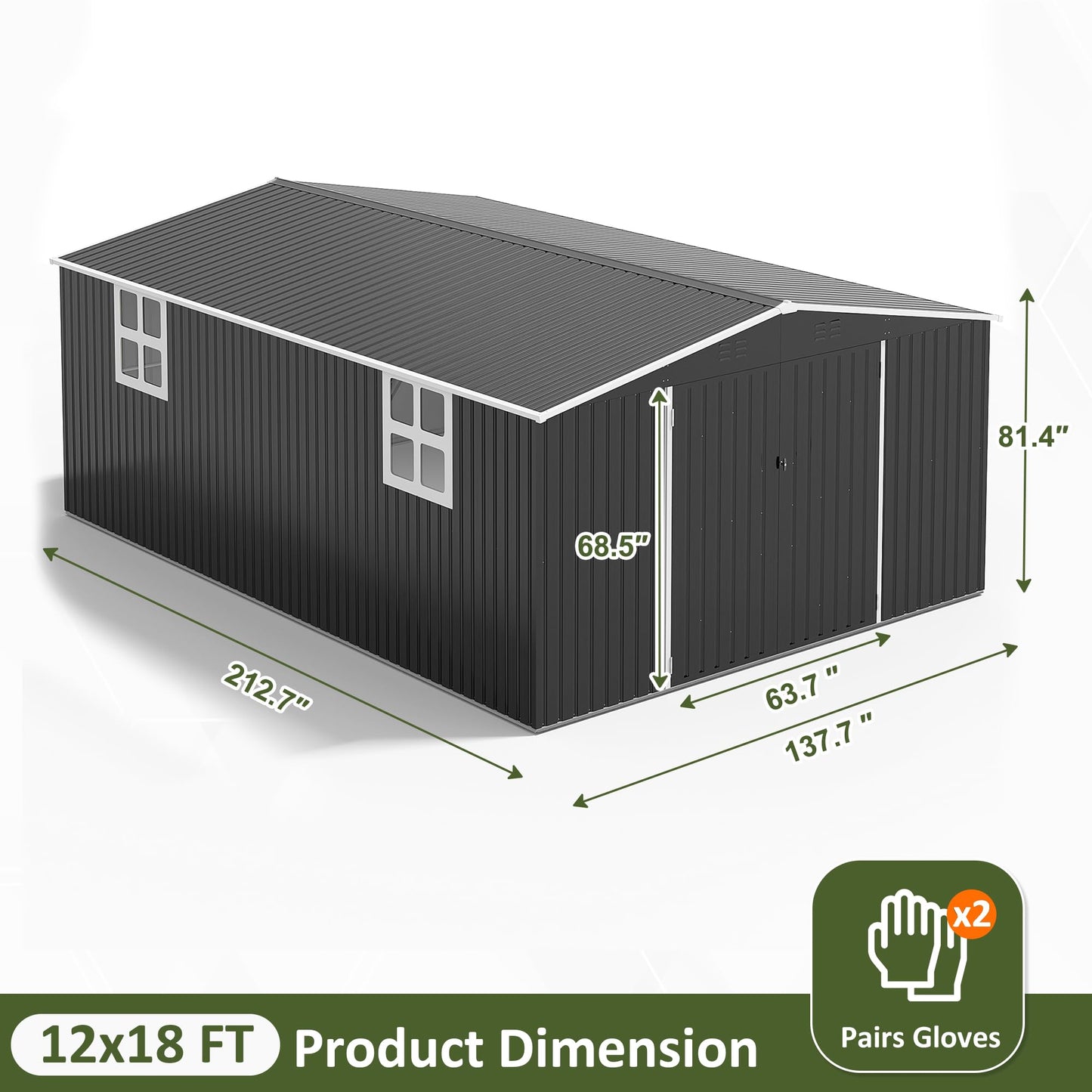 AirWire 12x18 FT Outdoor Storage Shed, Garden Shed with Updated Frame Structure and Lockable Doors, Metal Tool Sheds for Backyard Garden Patio Lawn,Black