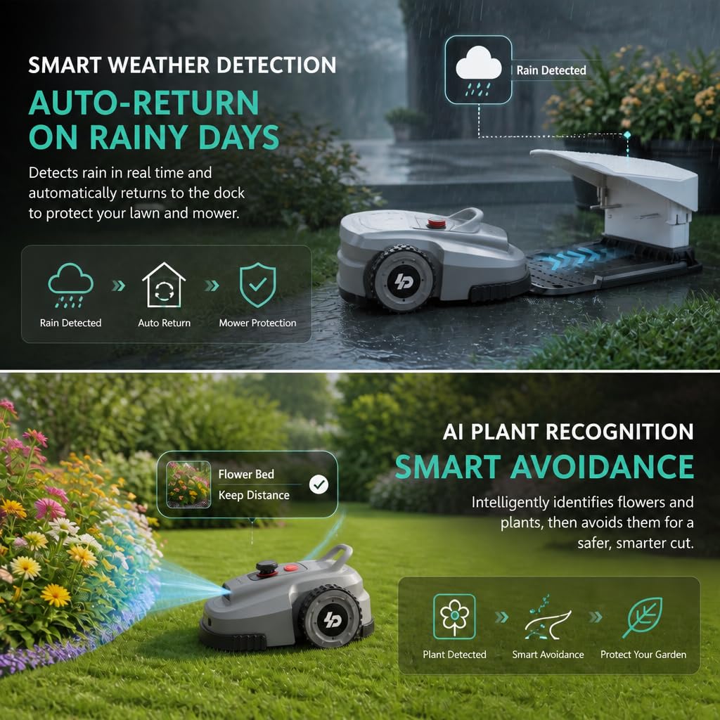 Robot Lawn Mower, Wire-Free Robotic Mower for 0.99 Acres, No Perimeter Wire, Auto-Mapping, RTK + AI 3D Vision Navigation, 300+ Object Avoidance, 57% Slope, IP66 Automatic Grass Cutter