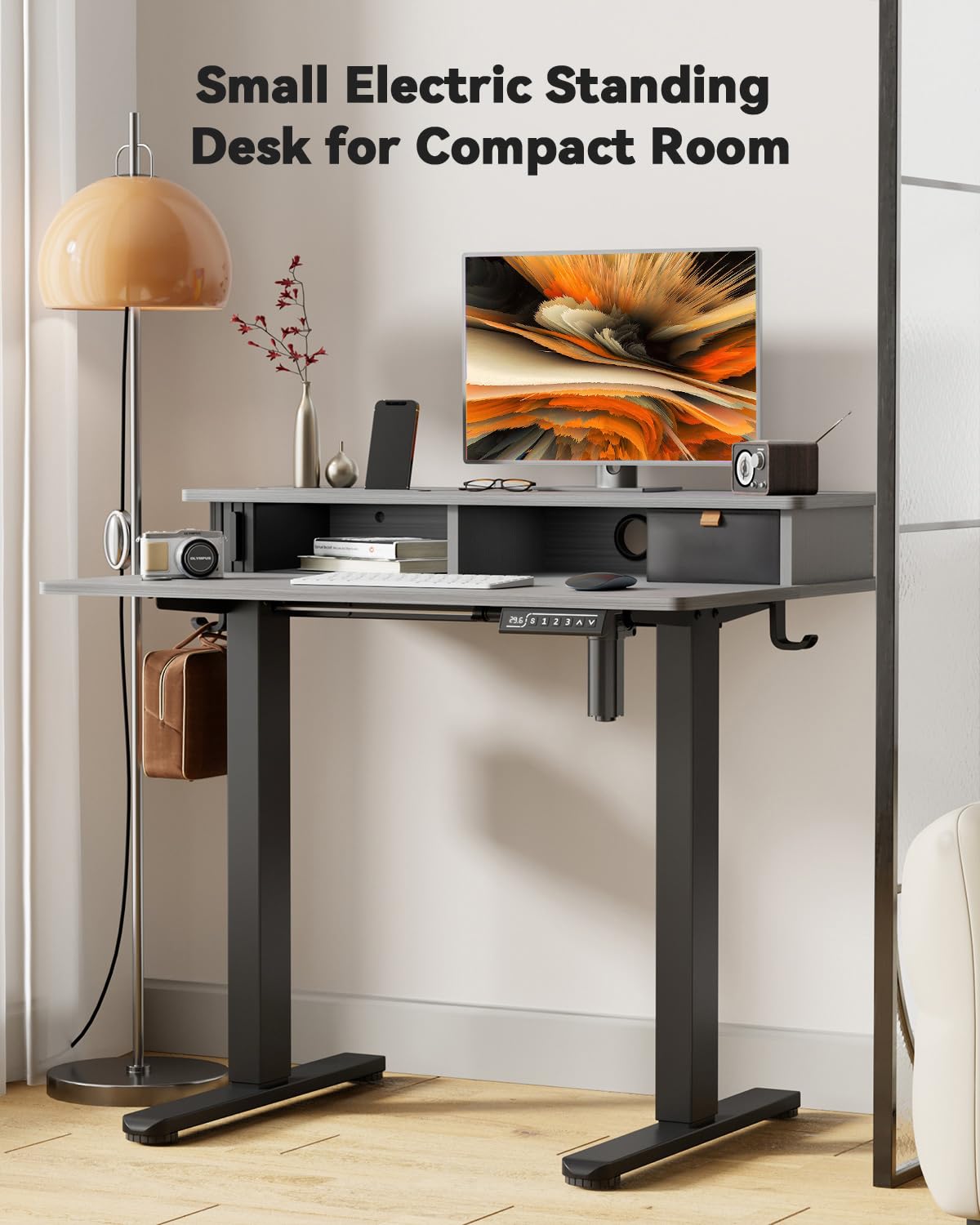 JOY worker Small Electric Standing Desk, 35" x 25" Height Adjustable Table with Built-in Monitor Stand & Storage Drawer, Grey Sit Stand Desk with 2 Hooks for Home Office
