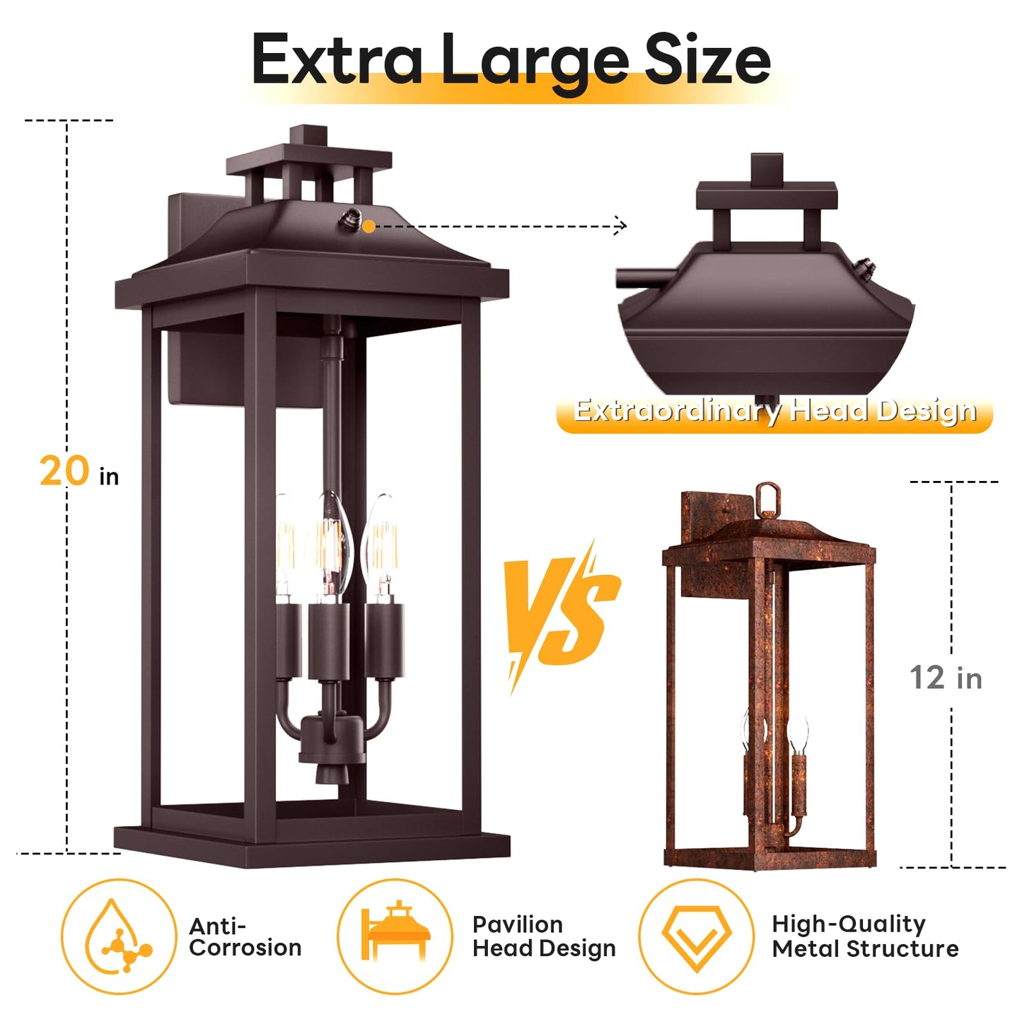 VenzBlomia Outdoor Wall Lanterns 3-Light, 20in Oil Rubbed Bronze, 2-Pack, Dusk to Dawn Photocell Sensor, Vintage Metal Sconce
