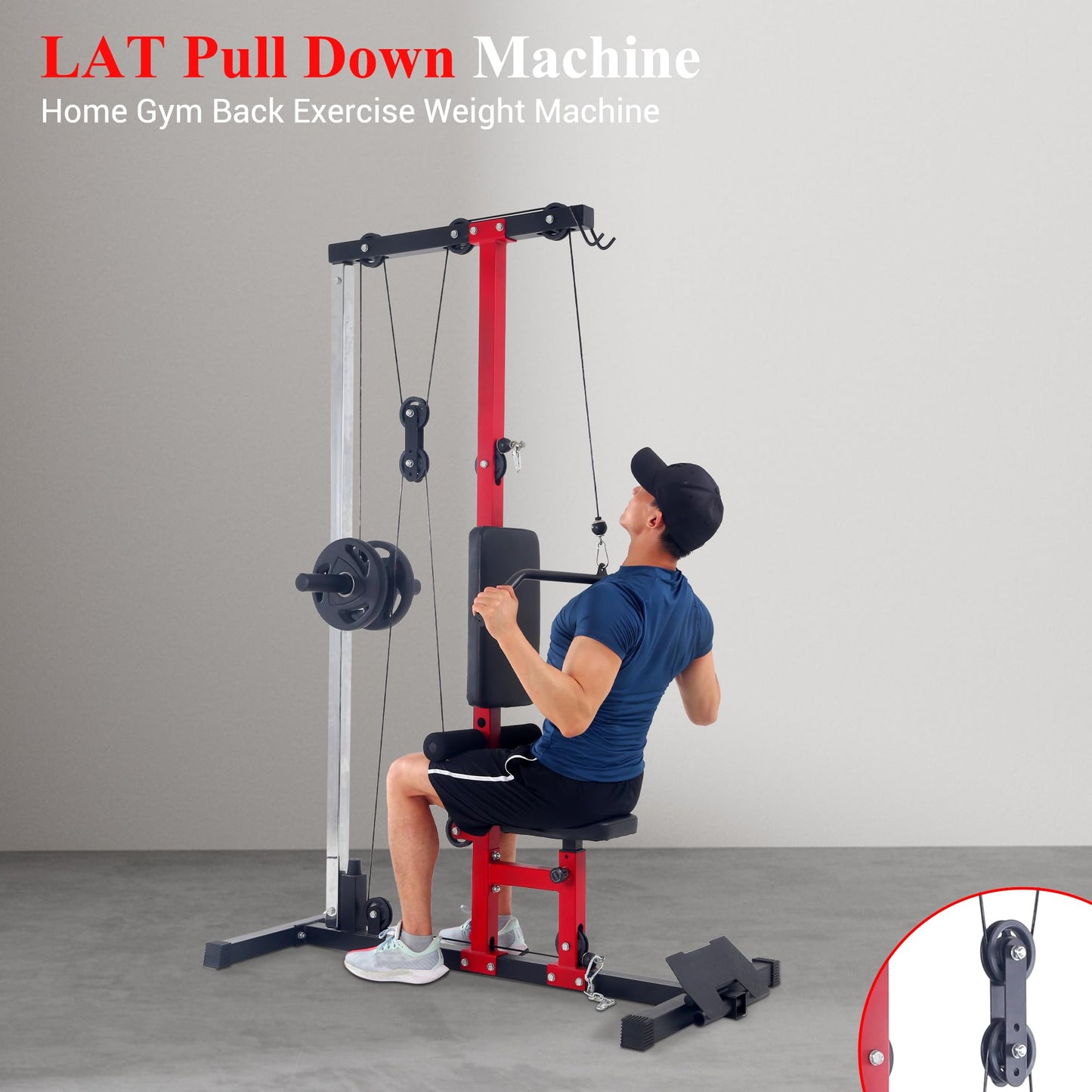 CABIHOME LAT Power Cable Machine - Adjustable Leg Support LAT Pull Down Machine with High & Low Pulley for Home Gym Back Strength Training，Black & Red