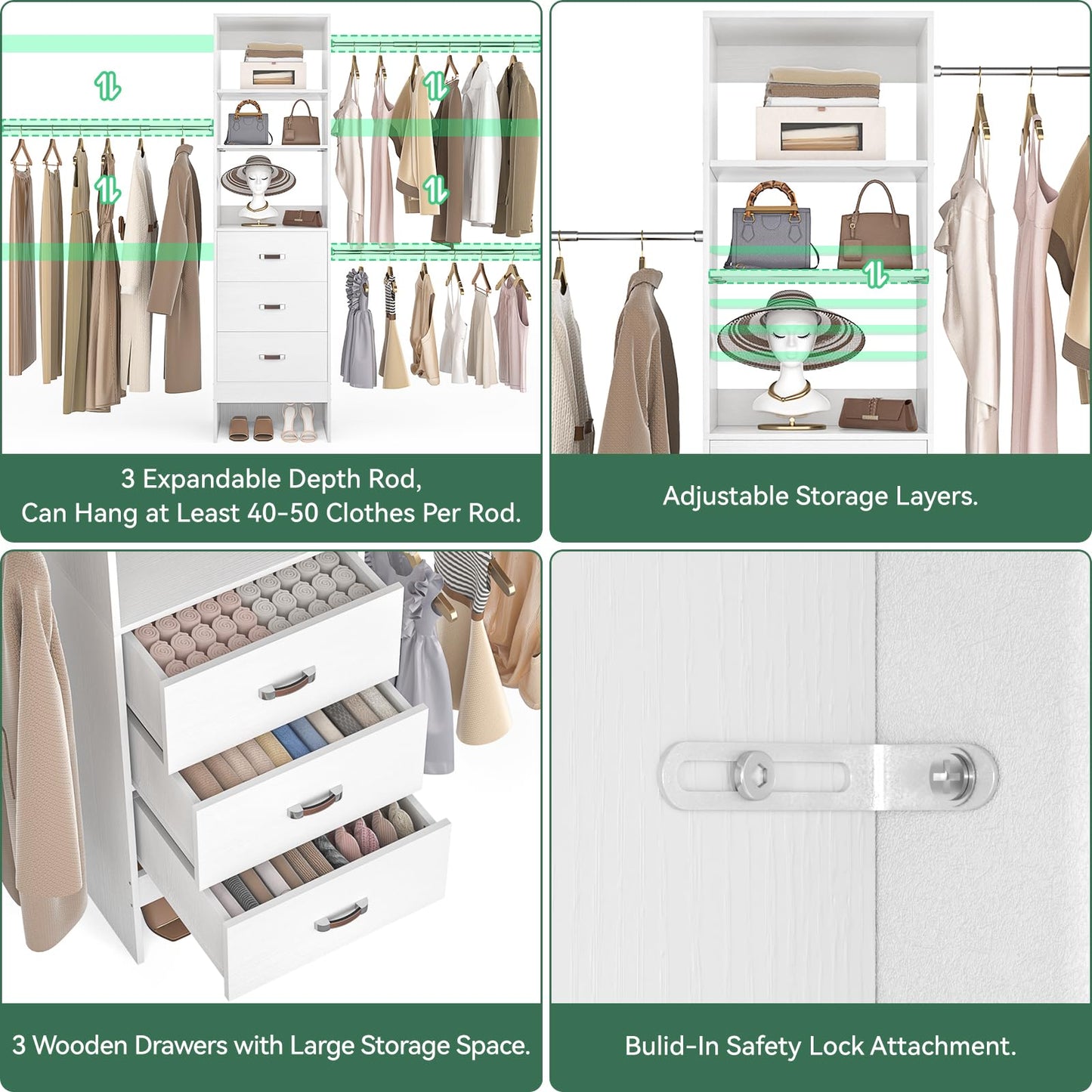 Besiost 96'' Closet Organizer System with 3 Hanging Rods, 8FT Closet Organizers and Storage with 3 Wooden Drawers, Built in Closet Organizer Systems, Adjustable Walk-in Wardrobe from 5-8FT, White