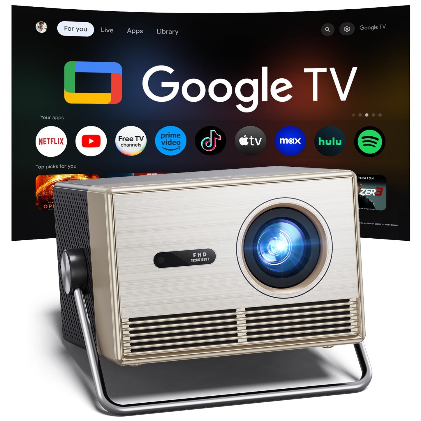 2000 ANSI Official Licensed Google TV Outdoor Projector 4K Full HD, Smart Projector with Wifi and Bluetooth, Auto Focus, Dolby Sound,Built-in Apps,HAPPRUN Indoor Home Theater for Phone/TV Stick/PC/PS5