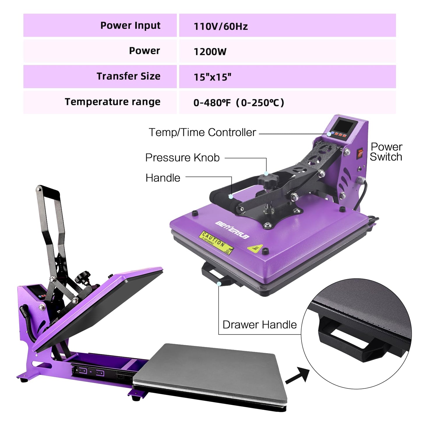 BetterSub 15x15 Inch Digital Heat Press Machine, Slide Out Industrial Quality T-Shirt Heat Transfer Machine for Vinyl/Sublimation/HTV, Professional Heat Press for Home & Business Use (Purple)