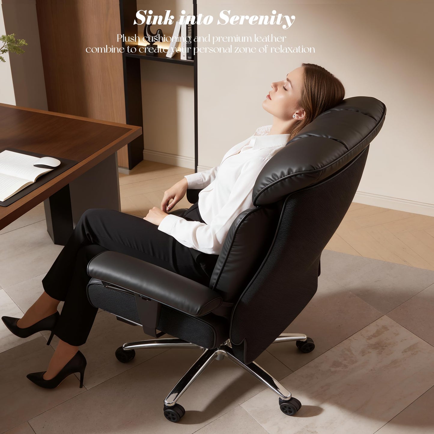 Efomao Big and Tall Office Chair 400 lbs Capacity, Oversized Executive Desk Chair with Footrest, Extra Wide 23" Seat, High Back Ergonomic PU Leather Home Office Chair， Black