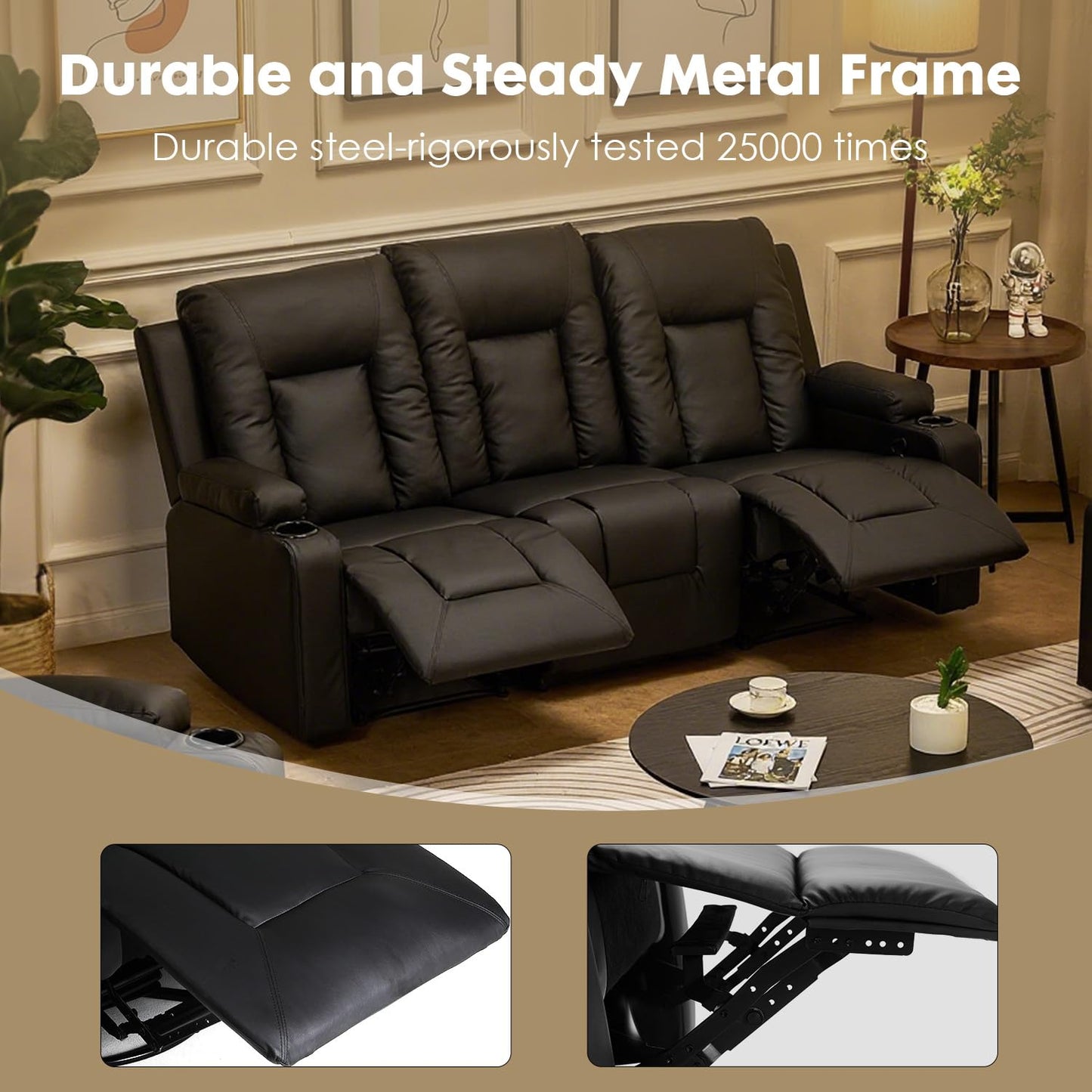 LUCKLIFE Leather Recliner Sofa Set with Manual Recliners,Living Room Furniture Set with Reclining Couch,Loveseat and Armchair,Living Room Chair with Cup Holders,Black (3+2+1)