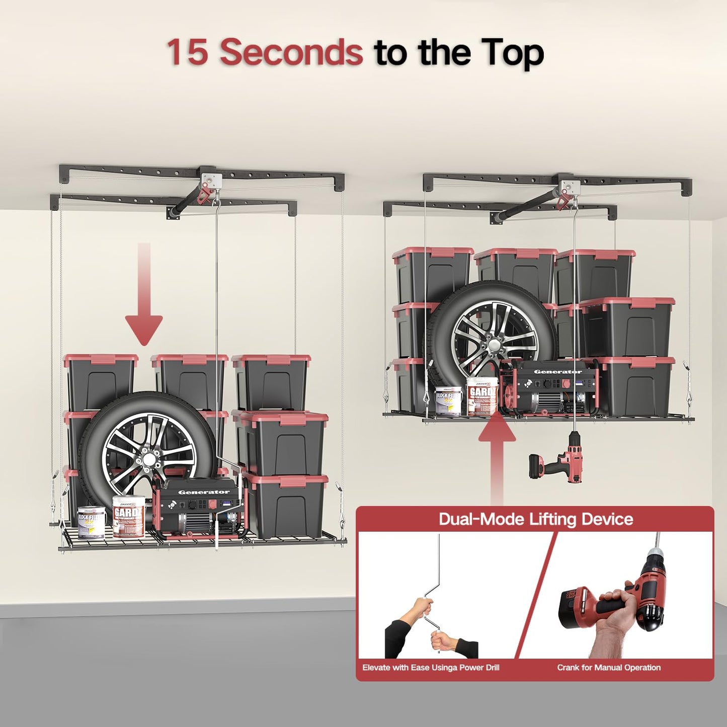 Overhead Garage Storage Rack for 8-10 FT Ceiling, Heavy-duty 4x4 FT Ceiling Storage Racks with Safety Lock, Ideal for Garage Storage Mounted Lift System and Storage Organizer, 250lb Capacity