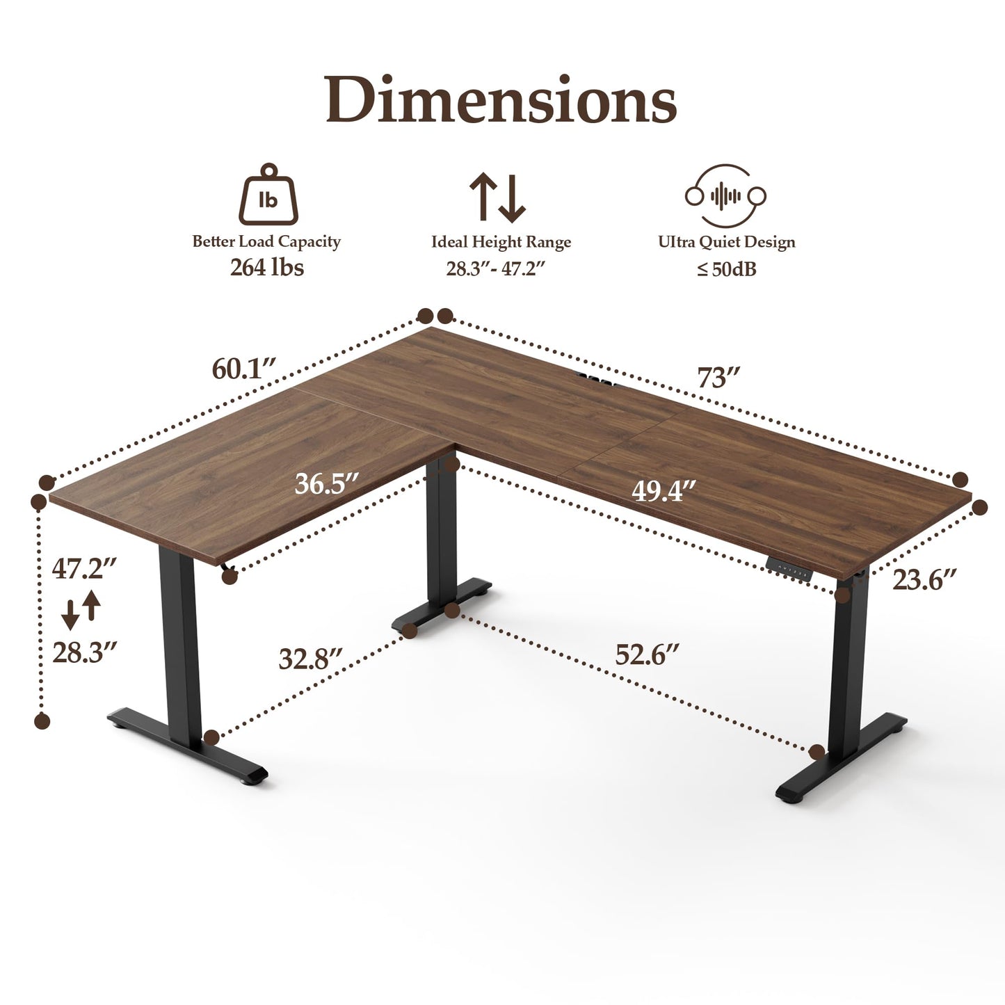Klicelor L Shaped Standing Desk 73 x 60 Inch, Electric Height Adjustable Corner Desk for Home Office Workstation, Ergonomic Sit Stand Computer Table with Memory Controller, Dark Walnut