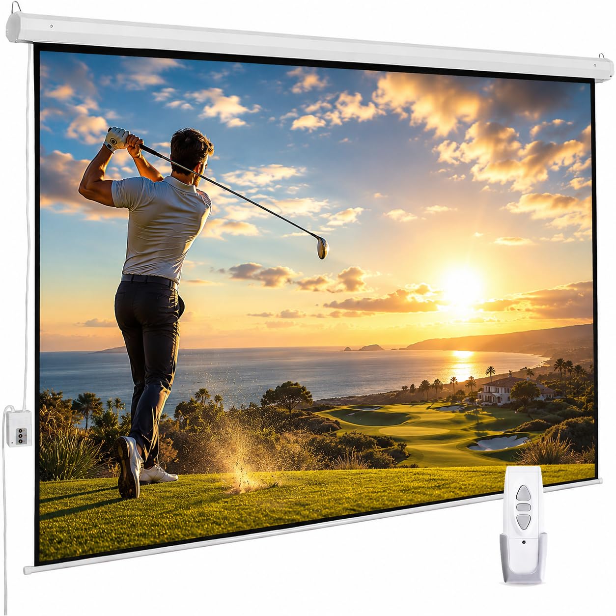 110" Motorized Projector Screen, Electric 16:9 Projector Screen with Remote Control, Indoor/Outdoor HD Movie Screen, Wall/Ceiling Mounted, Perfect for Home Office Theater TV, White