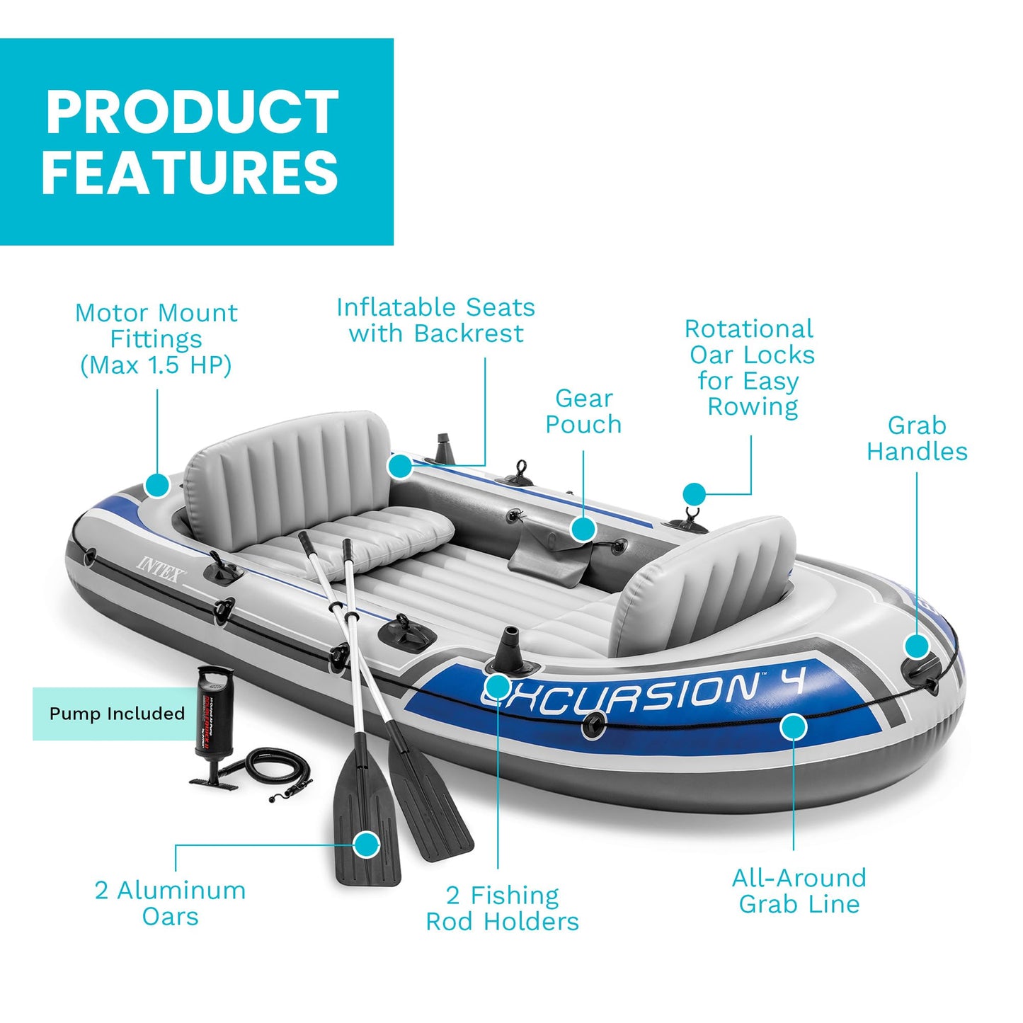 Intex 68324EP Excursion 4 Inflatable Boat Set: Includes Deluxe 54in Boat Oars and High-Output Pump – Adjustable Seats with Backrest – Fishing Rod Holders – 4-Person – 1100lb Weight Capacity