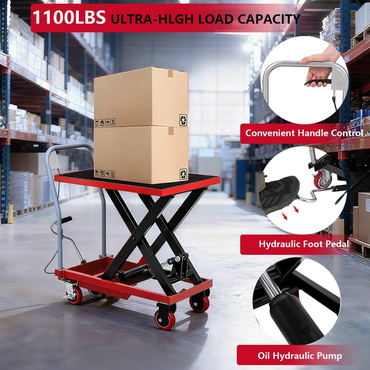 1100 Lbs Heavy Duty Single Scissor Hydraulic Lift Table Cart – 32" Max Lifting Height, 4 Swivel Casters, Non-Slip Platform Pad, Mobile Material Handling & Transport for Warehouse, Workshop & Garage