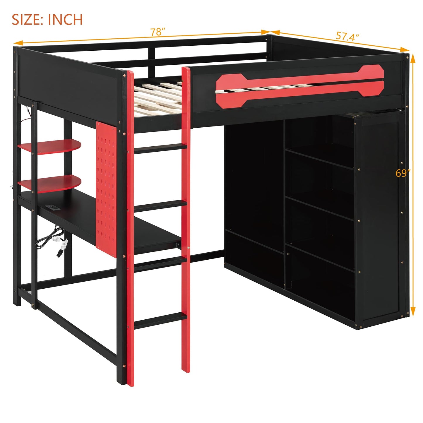 Ball & Cast Gaming Full Size Loft Bed with Desk and Charging Station,Wood Gamer Loft Beds Frame W/Open Wardrobe&RGB Light,High Loft Bed W/Full-Length Guardrail,Bedroom Furniture for Student Dorms,Red