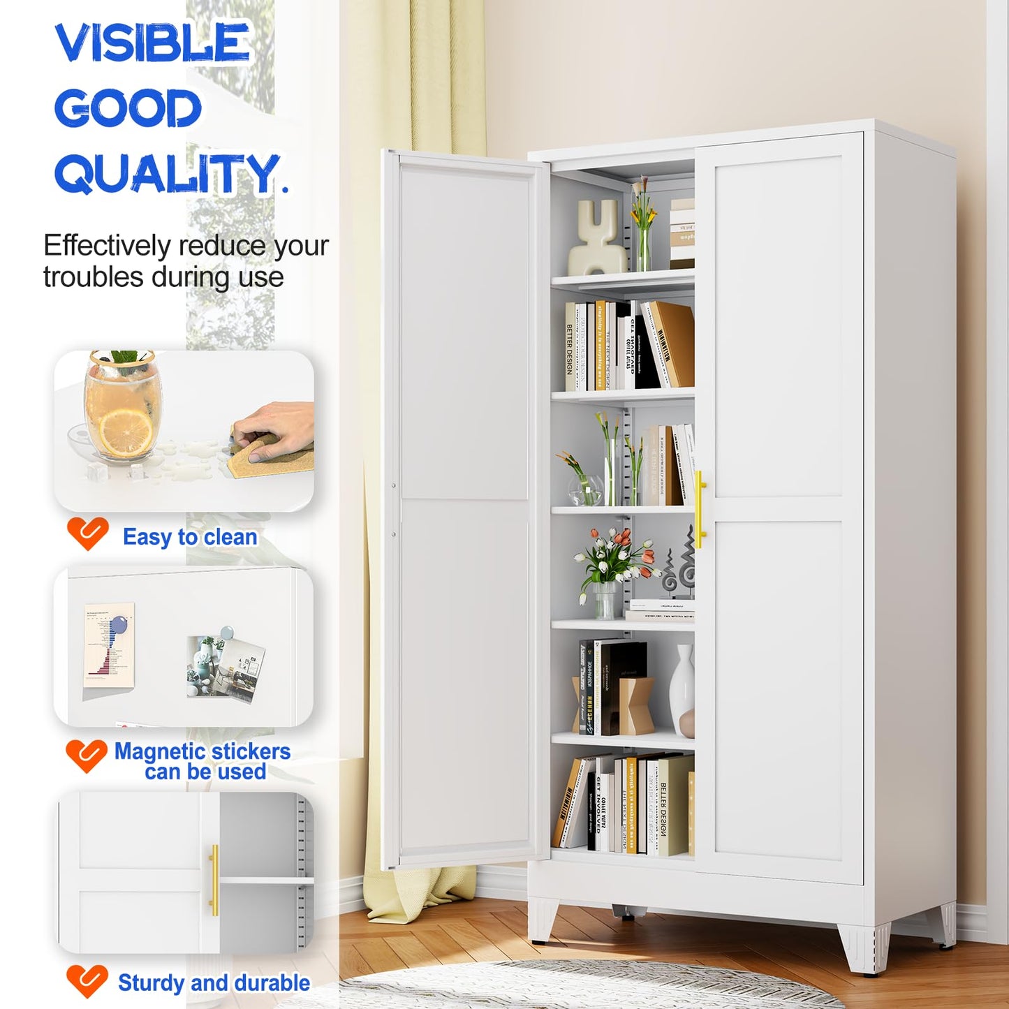 GAIOUS 75.2" Tall Metal Storage Cabinet with 2 Doors and 5 Adjustable Shelves, New upgrade Kitchen Pantry Cabinet, White Freestanding Cupboard, 6 Tier Steel Storage for Office, Kitchen, Dining, Garage