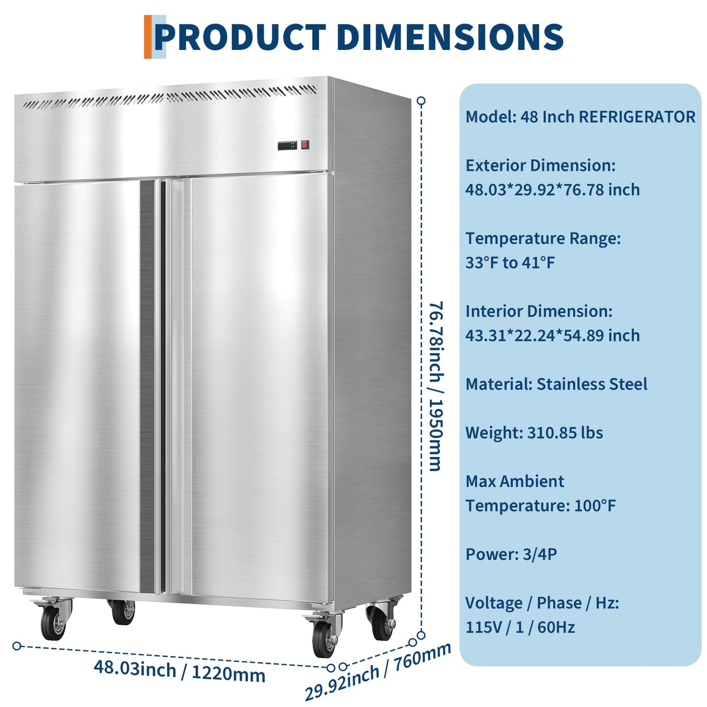 48" Commercial Refrigerator, 36 Cu. Ft 2-Door Reach-in Fridge, Stainless Steel Upright Cooler with 6 Adjustable Shelves, Auto Defrost, Digital Control & Locking Wheels for Restaurant, Cafe & Kitchen