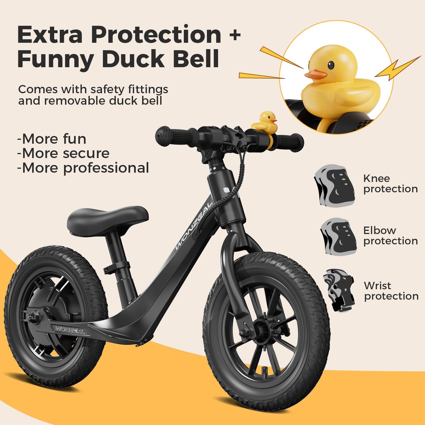 wonzeal Electric Balance Bike for Kids Ages 3-5,150W Toddler Balance Bikes with 12 inch Pneumatic Tire, Adjustable Seat, Knee/Wrist/Elbow/pad,Boy Girls Birthday Toys.