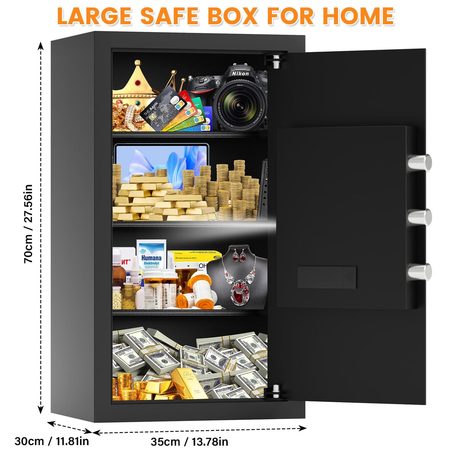 6.0 Cu Ft Large Safe Box for Home Use, 27.6"H Heavy Duty Home Safe with Combination Lock, Alarm System, Removable Shelves, Wall/Floor Mountable Anti-theft Security Safe for Money Jewelry Documents