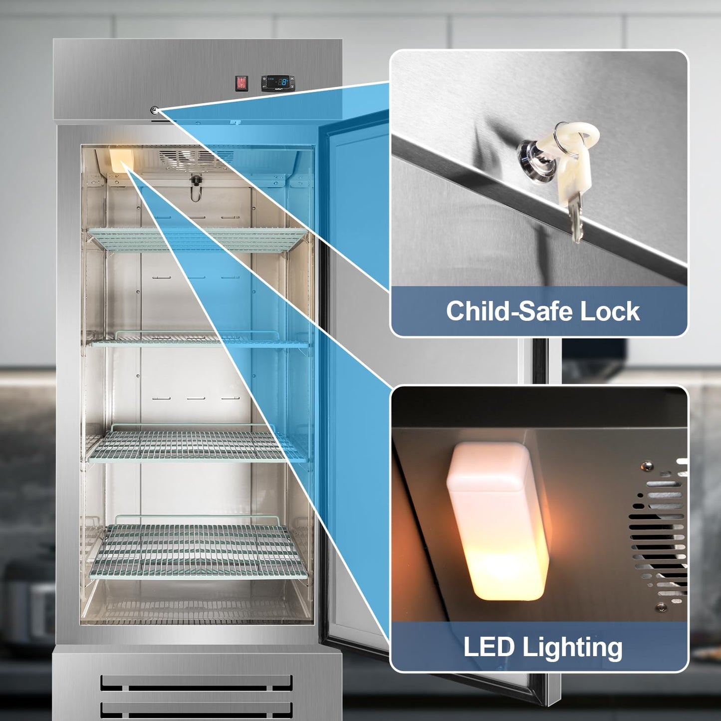 Tylza 27.5" Commercial Reach-in Freezer, Fan Cooling, Solid Stainless Steel Single Door, 530.6L