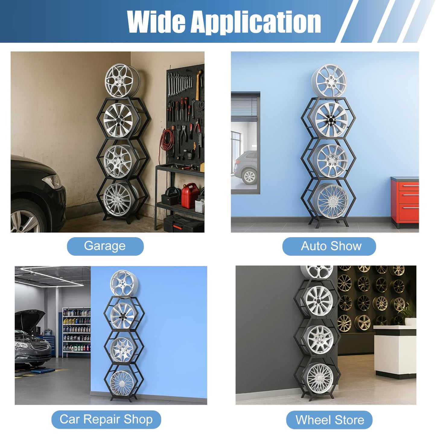 Renvan Garage Wheel Rim Rack - Heavy Duty Steel Display Rack Holds 4 Rims, Stackable Car Hub Organizer for Car Repair Shop, Tire Store (3 frames + 1 base)