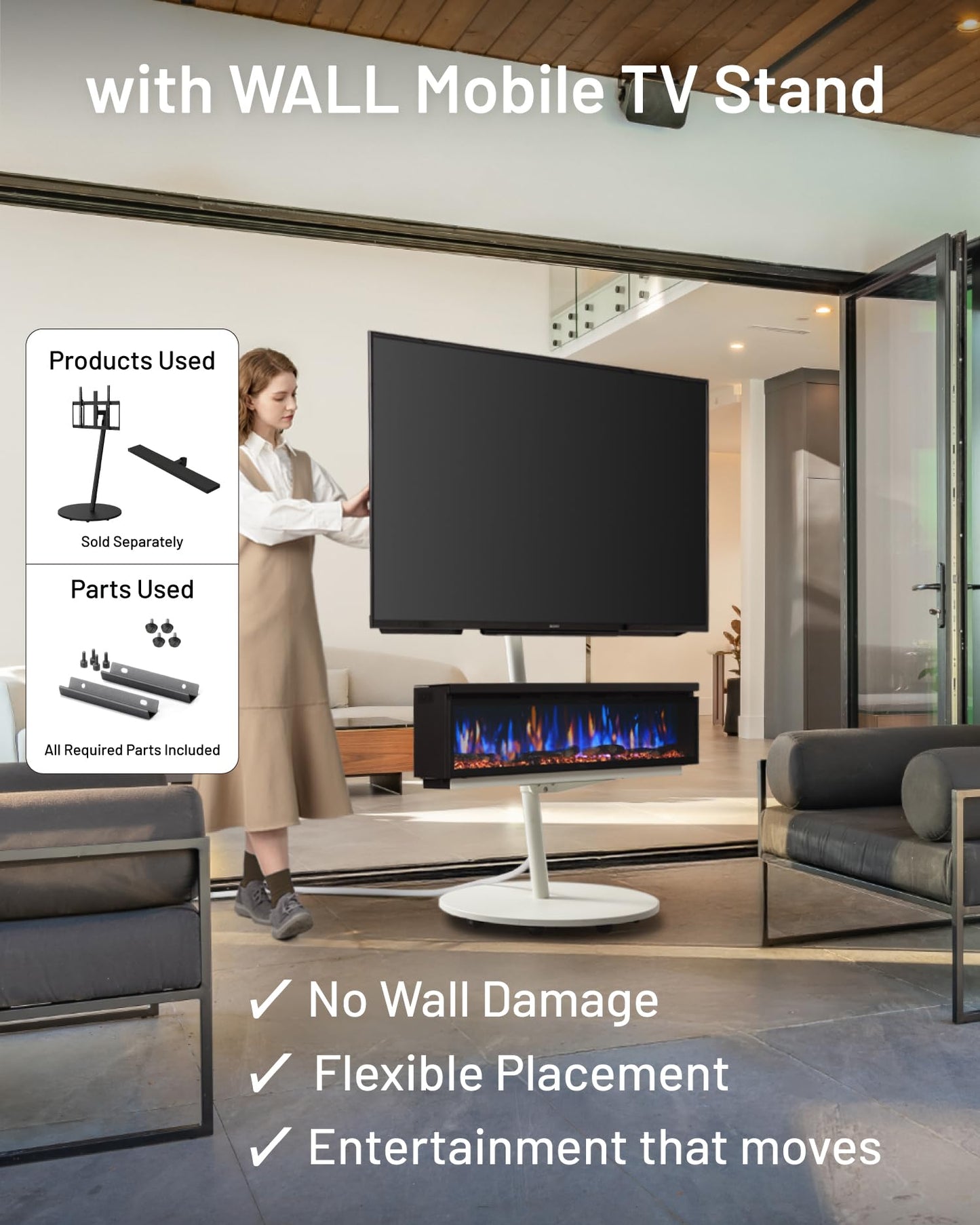 WALL FLAMEBAR Electric Fireplace Freestanding, Wall Mounted, Moves with TV Stand – WiFi Enabled,750/1500W Heater, 1500 Flame Color Combinations, for Living Room or Bedroom, Modern 40" Wide