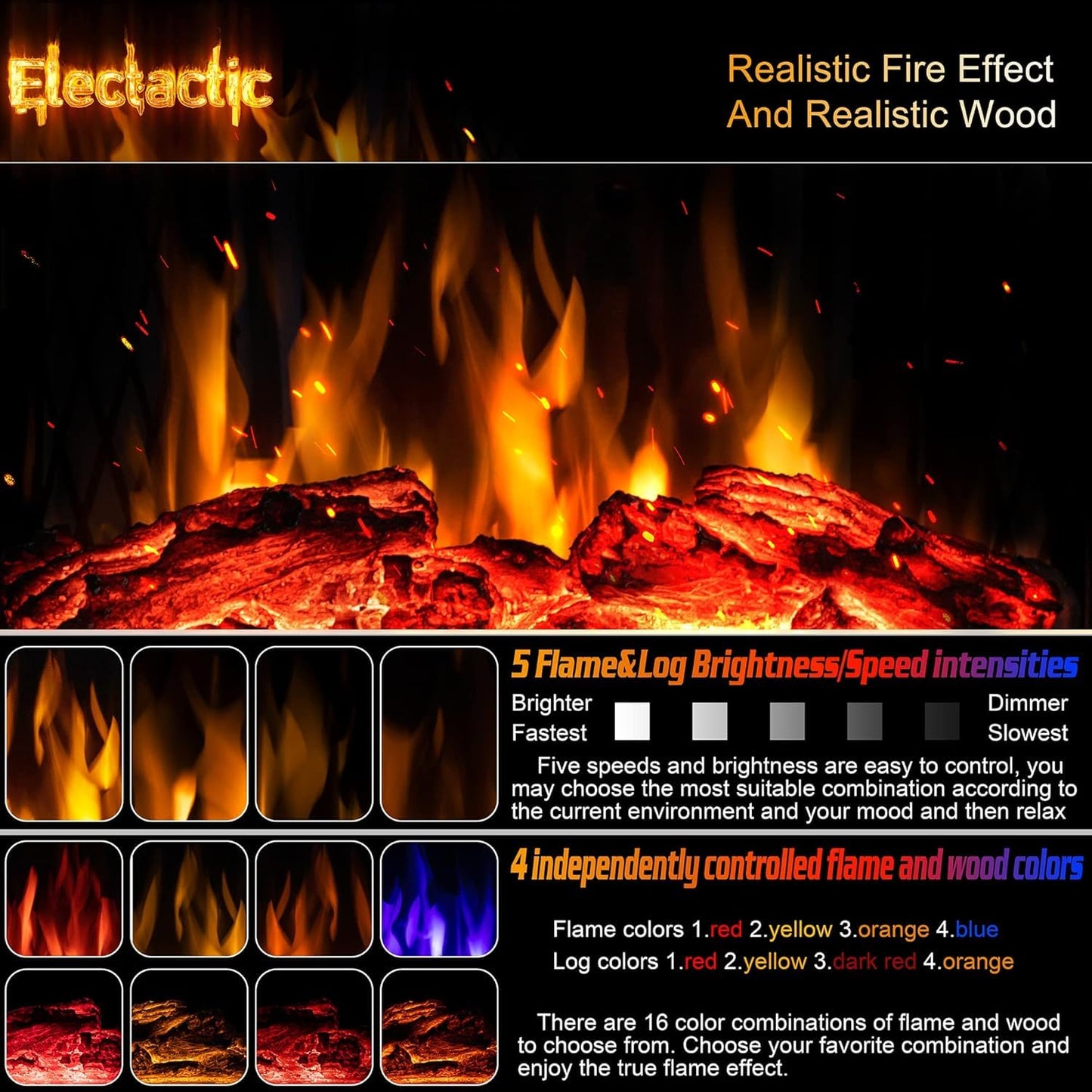 Electactic 24Inch Electric Fireplace Stove, Free-Standing Infrared Fireplace Stove, Controllable 3D Flame, 4 Variable Flame&Log Colors, 1500w, 5100BTU,TC(50℉-99℉),Black,23.5" L X 10.7" W X 24.3" H